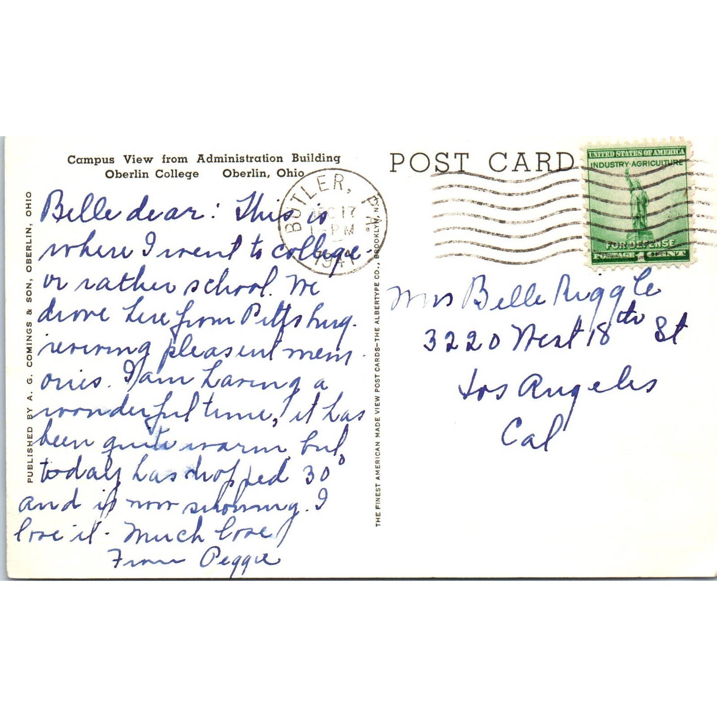 Antique Postcard Campus View from Administration Building Oberlin College TD8-O2