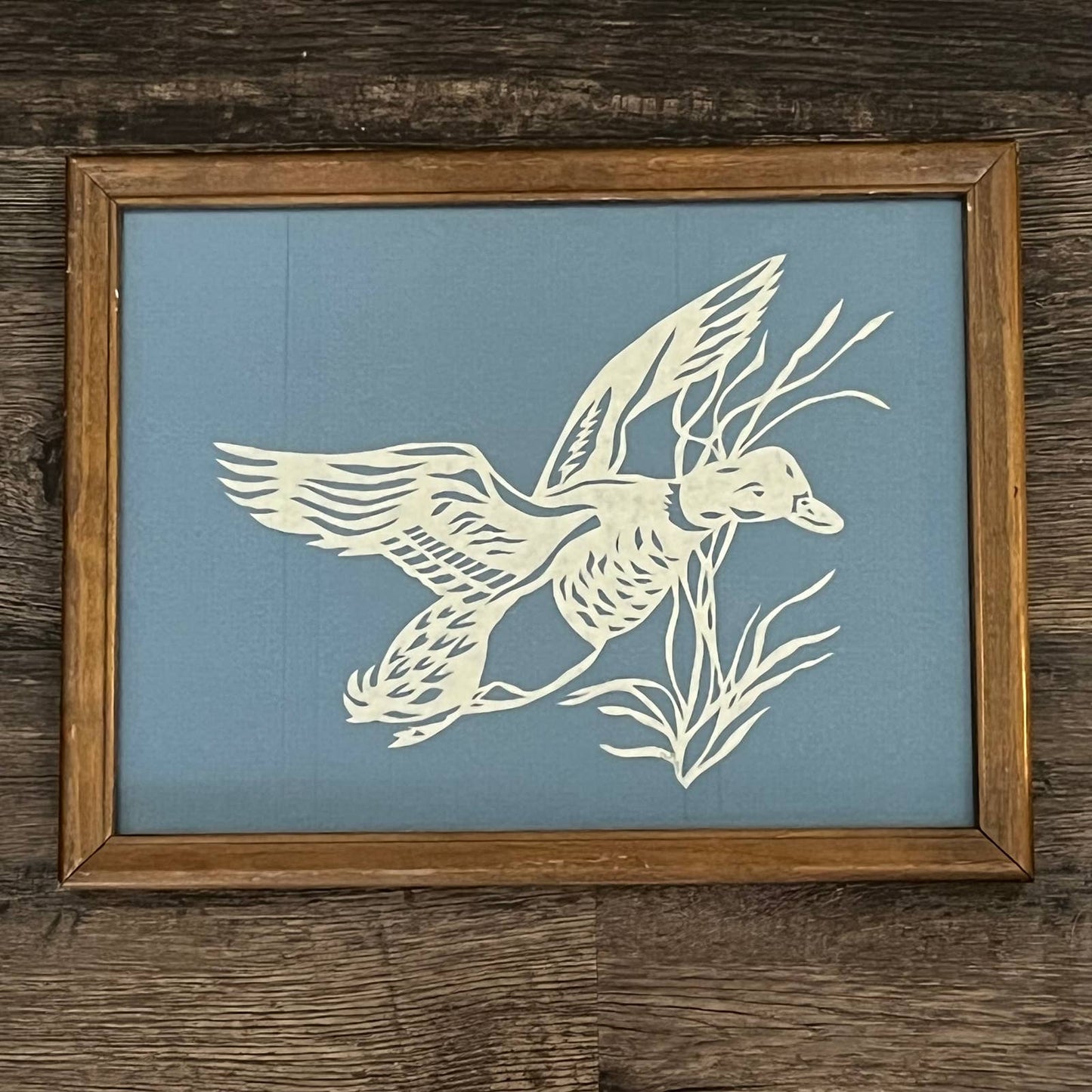 Vintage Signed Scherenschnitte Paper Art Framed Duck Silhouette 10x13" TC3