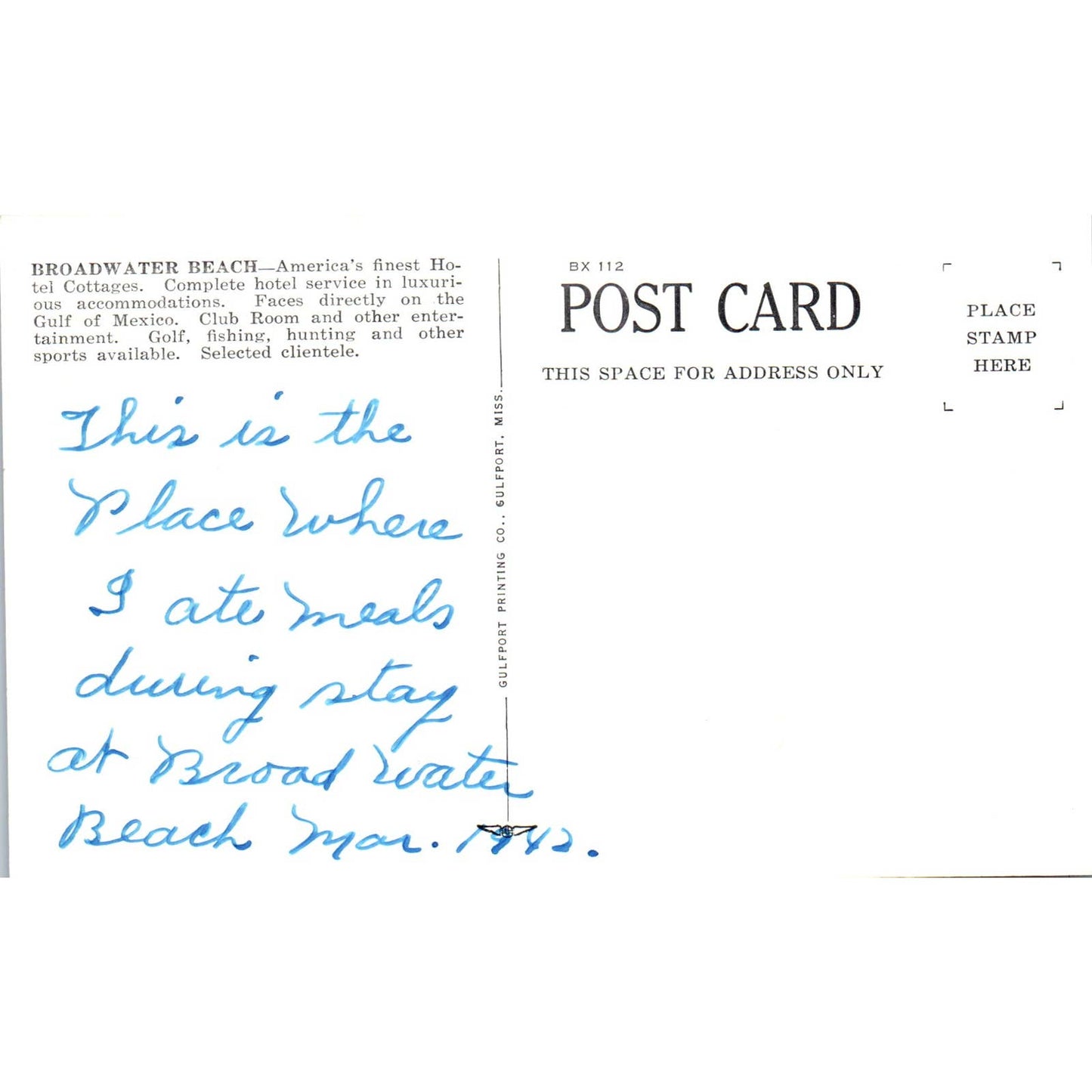 The Broadwater Beach Main Building Biloxi Mississippi Original Postcard TJ7-RP3