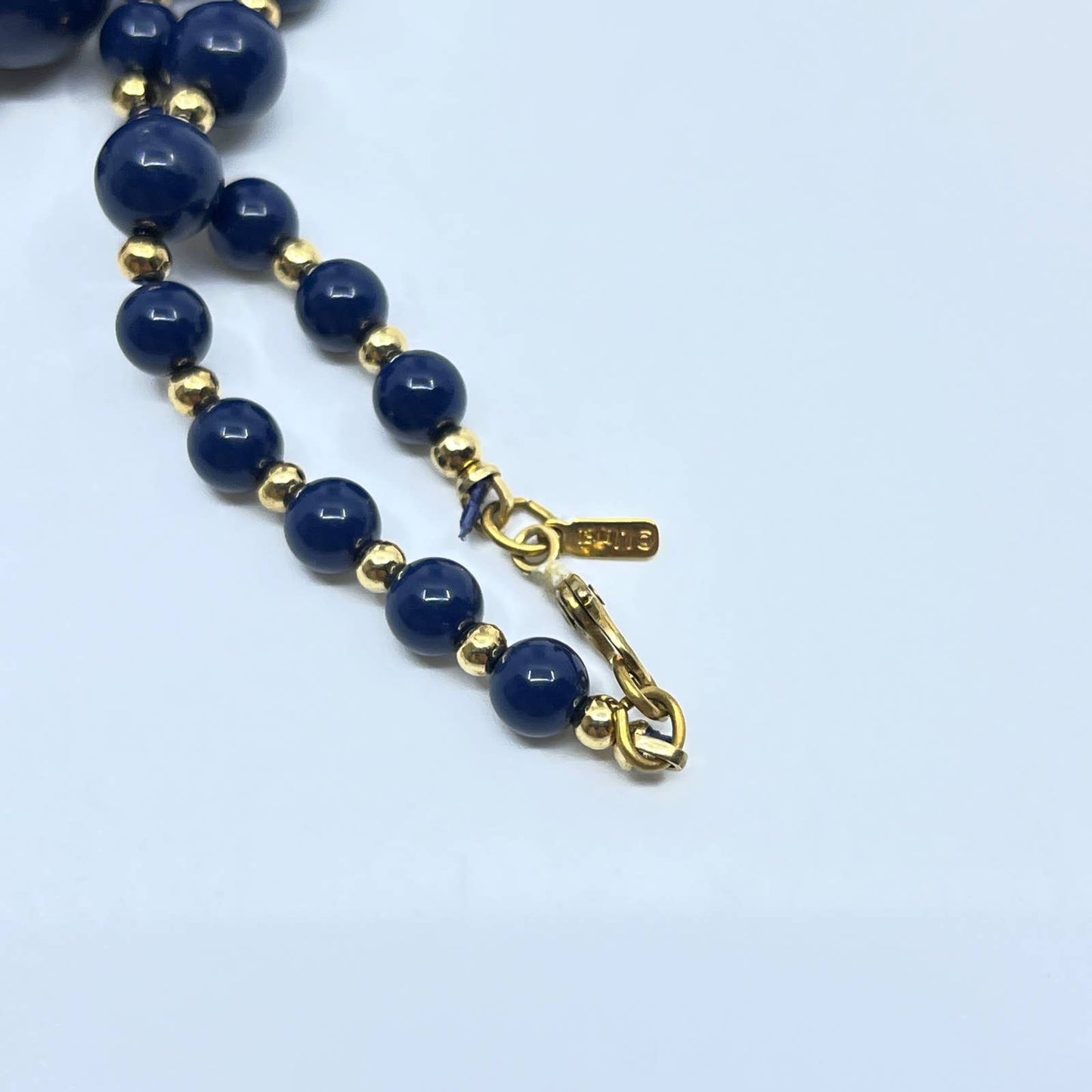 Vintage Signed MONET Blue and Gd Lucite Graduated Bead Necklace 28" SD5