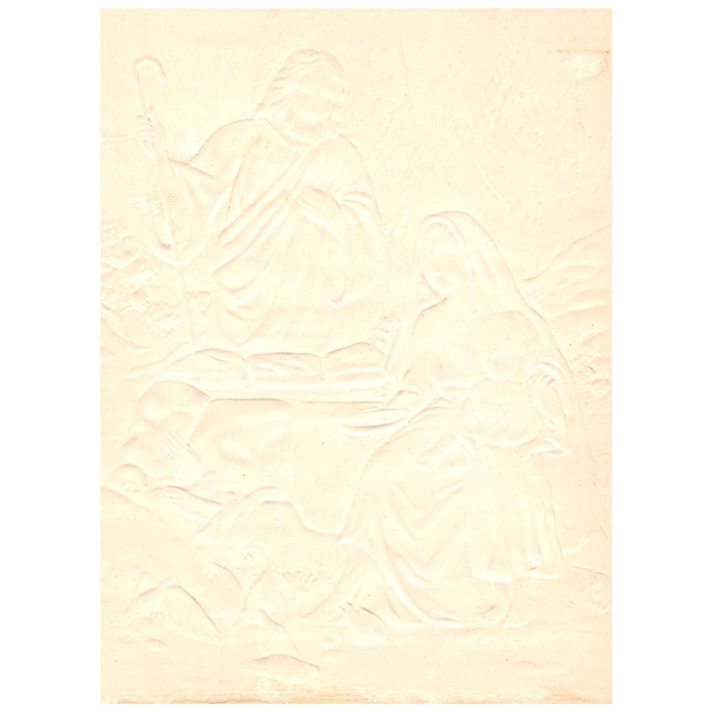 Vintage Print EMBOSSED Jesus Mary and Joseph Feeding Doves ~7.5x10" AC9