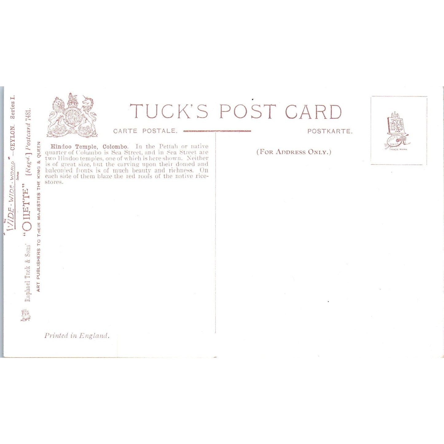 Ceylon Hindoo Temple Colombo Raphael Tuck Oilette Original Postcard P3-2