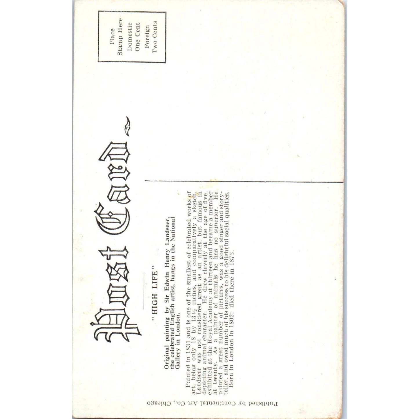 High Life Sir Edwin Henry Landseer Dog Painting Original Postcard TK1-27