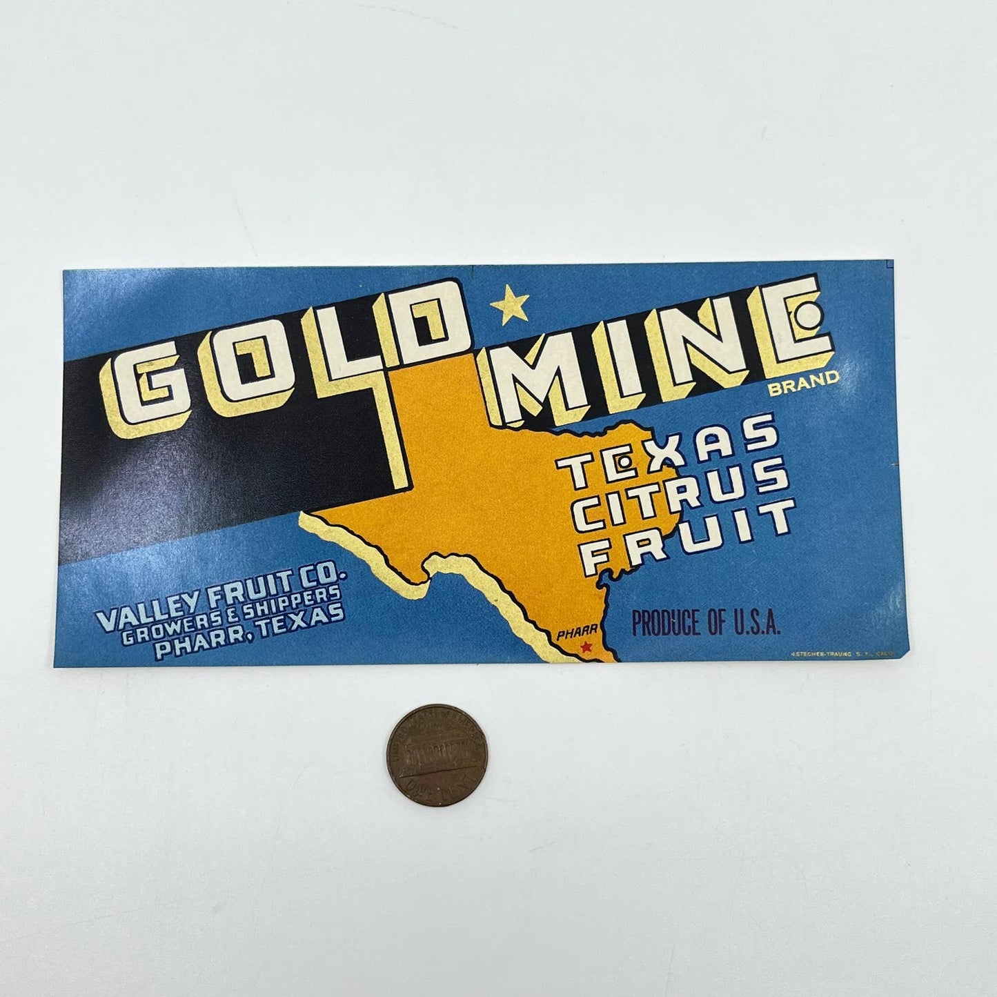 Vintage Label "GOLD MINE Texas Citrus Fruit" Pharr, TX 6 x 3 Valley Fruit Co FL3