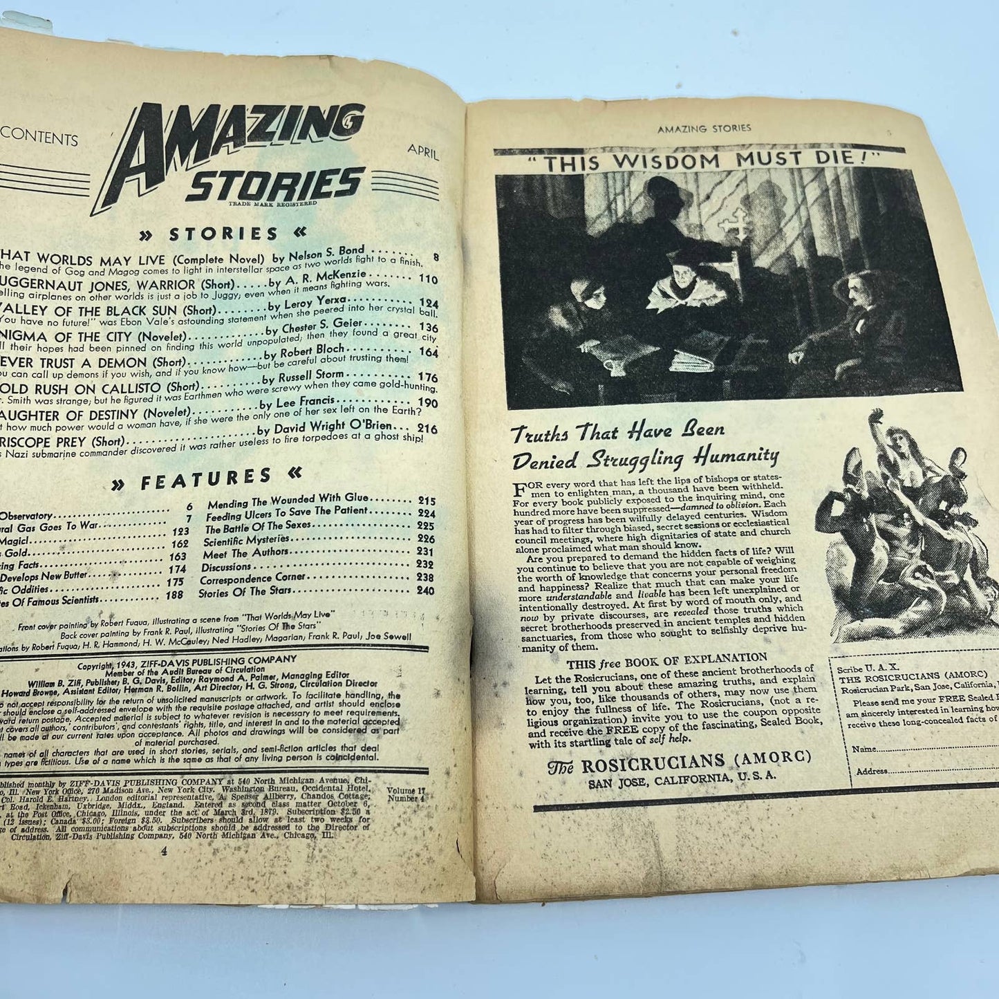 1943 WWII Amazing Stories Pulp Science Fiction April That Worlds May Live TA3