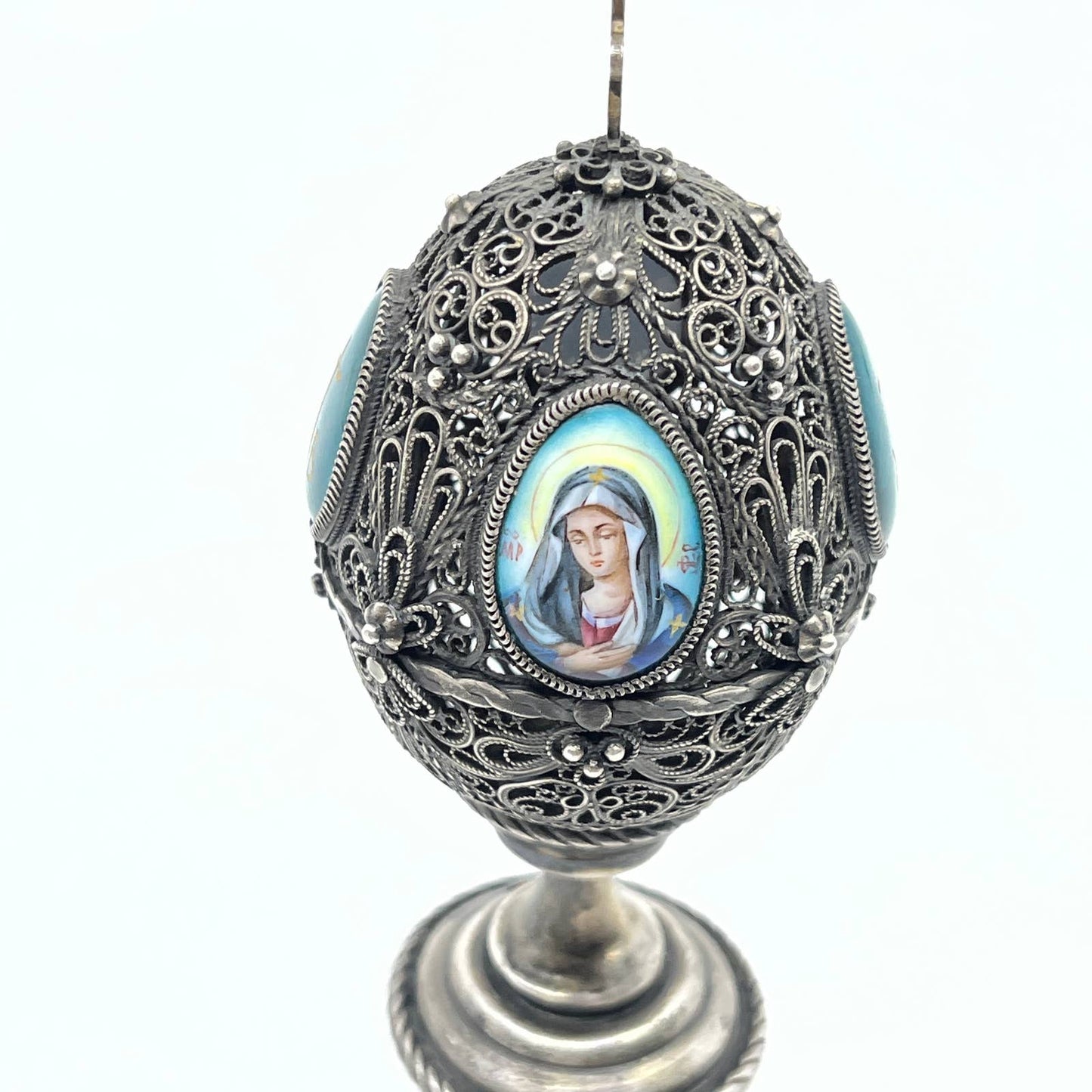 Vintage Russian Pewter Filagree Egg Catholic Jesus and Mary XB 4" TF6
