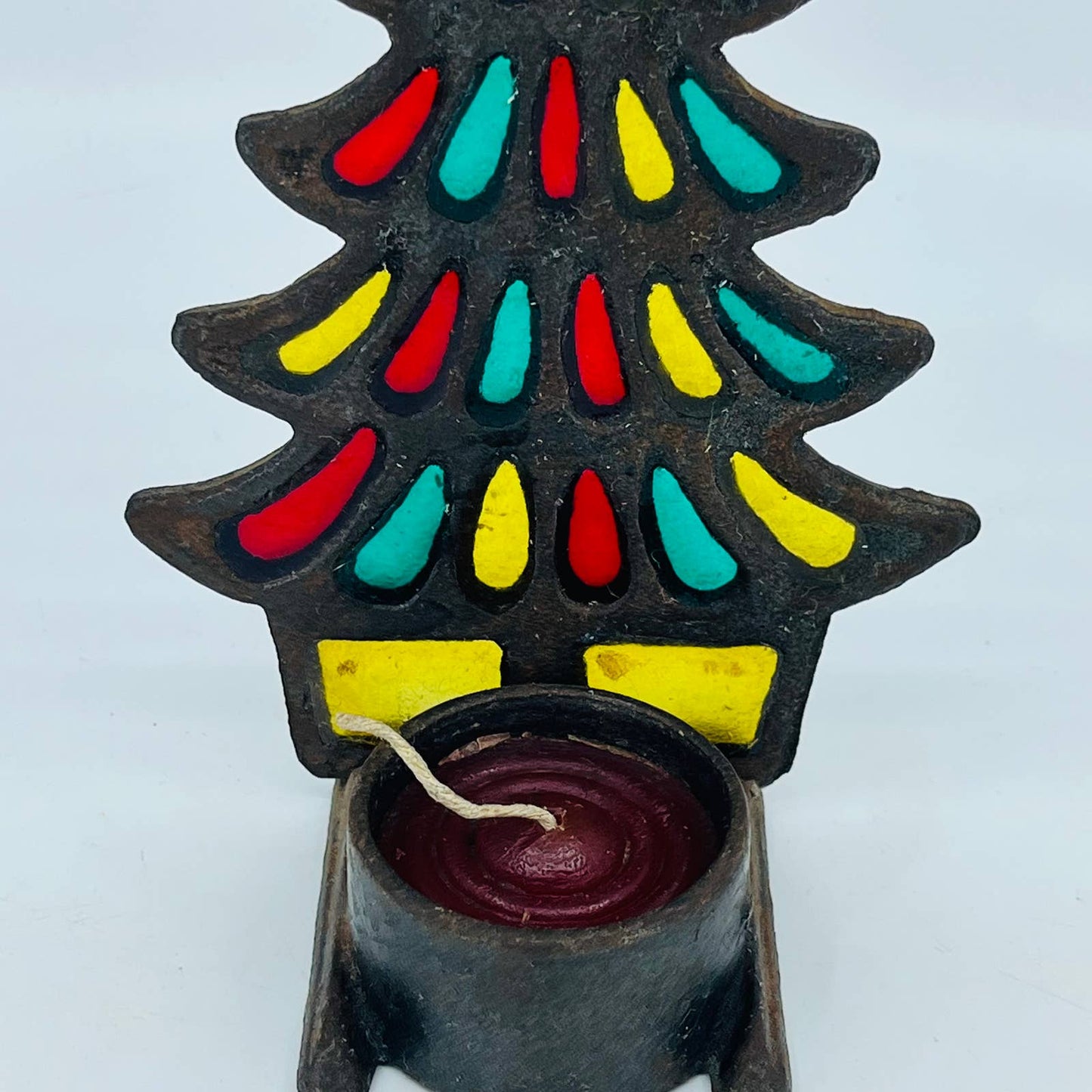 Retro 1970s Stained Glass Metal Christmas Tree Votive Candle Holder 7.5" TC9