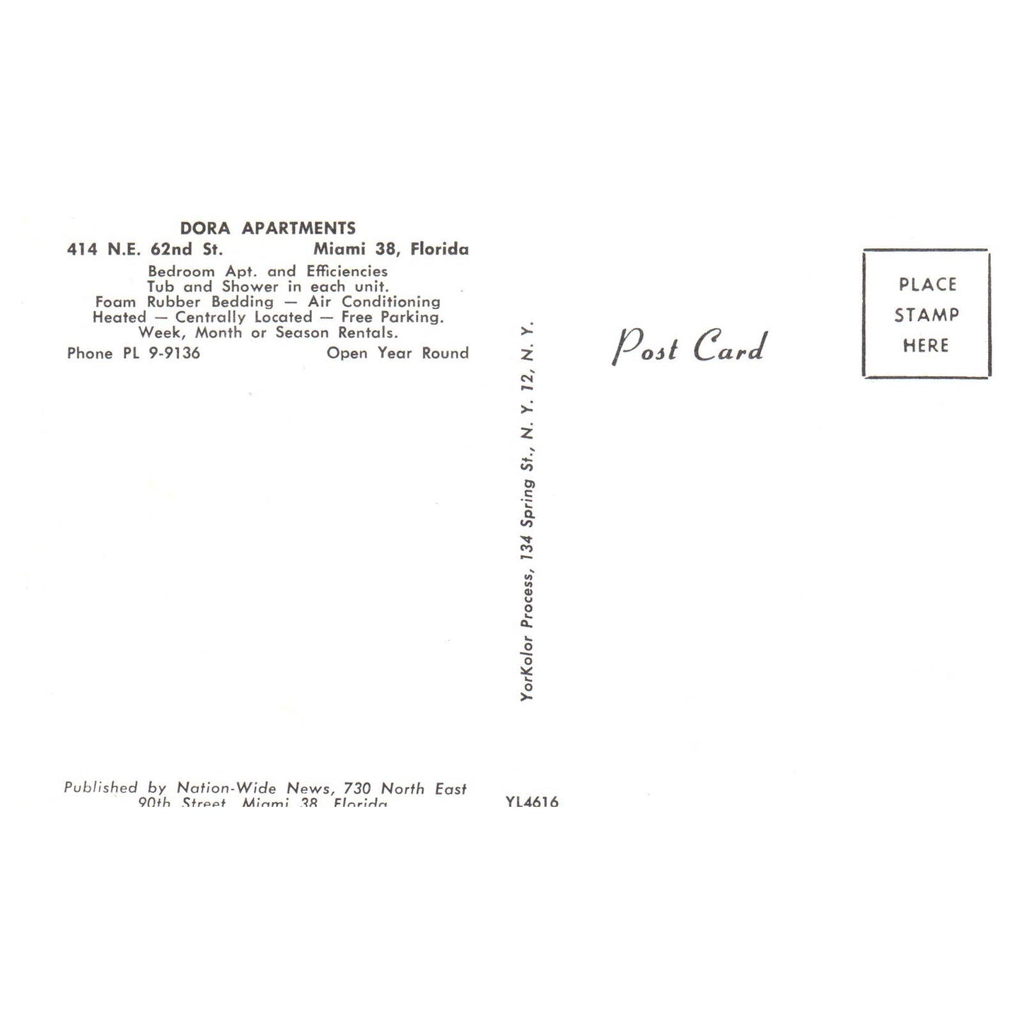 Vintage Postcard - Dora Apartments Miami Florida 1960s TJ7-1