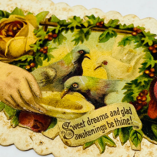1880's VICTORIAN CALLING CARD Die Cut Pigeons Roses Miss Sophie Bawer AH9-M9