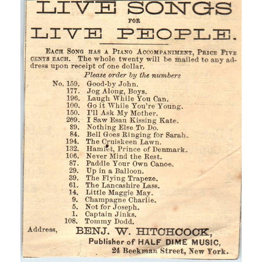 1878 Peterson's Magazine Ad - Live Songs for the People Ben W. Hitchcock NY SF2