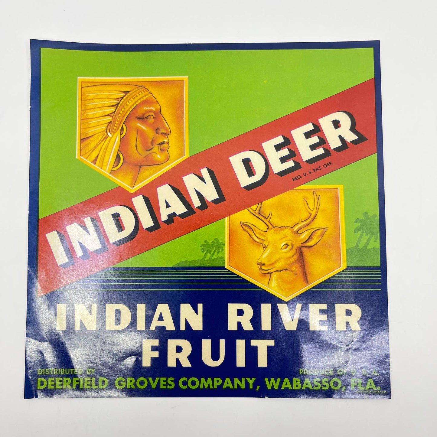 Original vintage Florida citrus crate label c1940s Indian Deer Wabasso FL3