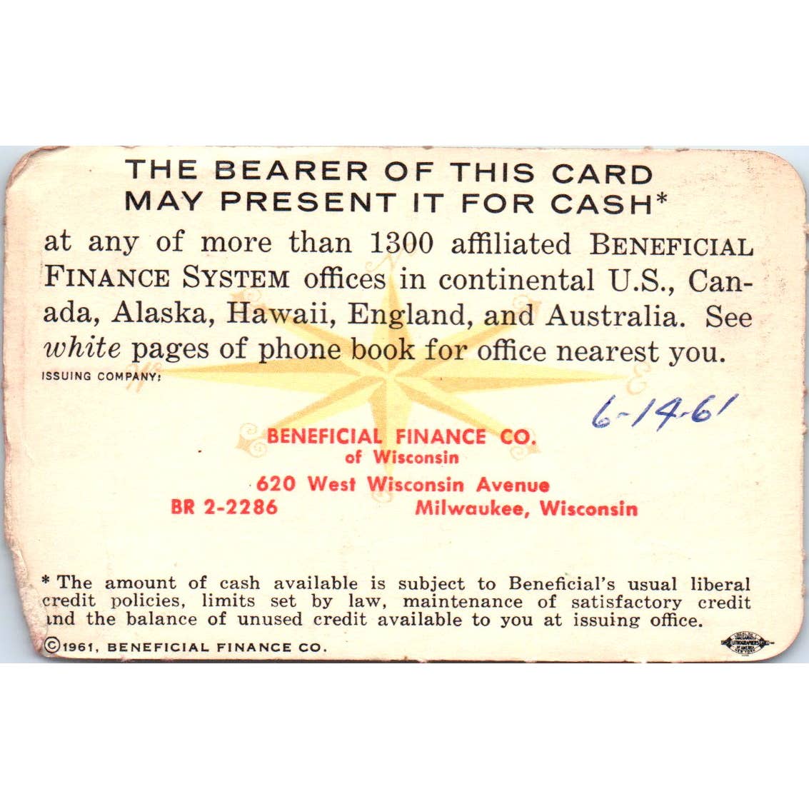 1961 Beneficial Finance System International Credit Card Milwaukee Obsolete SE5