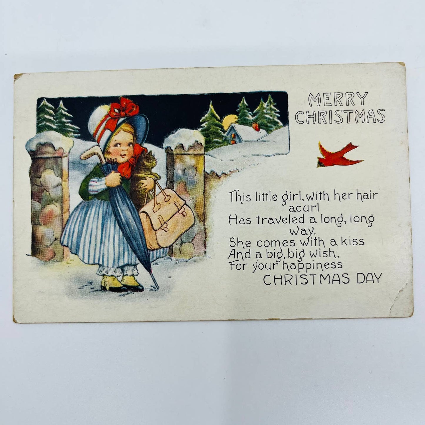 1910s Christmas Post Card Whitney Little Girl Cardinal Kitten Snow Poem PA4