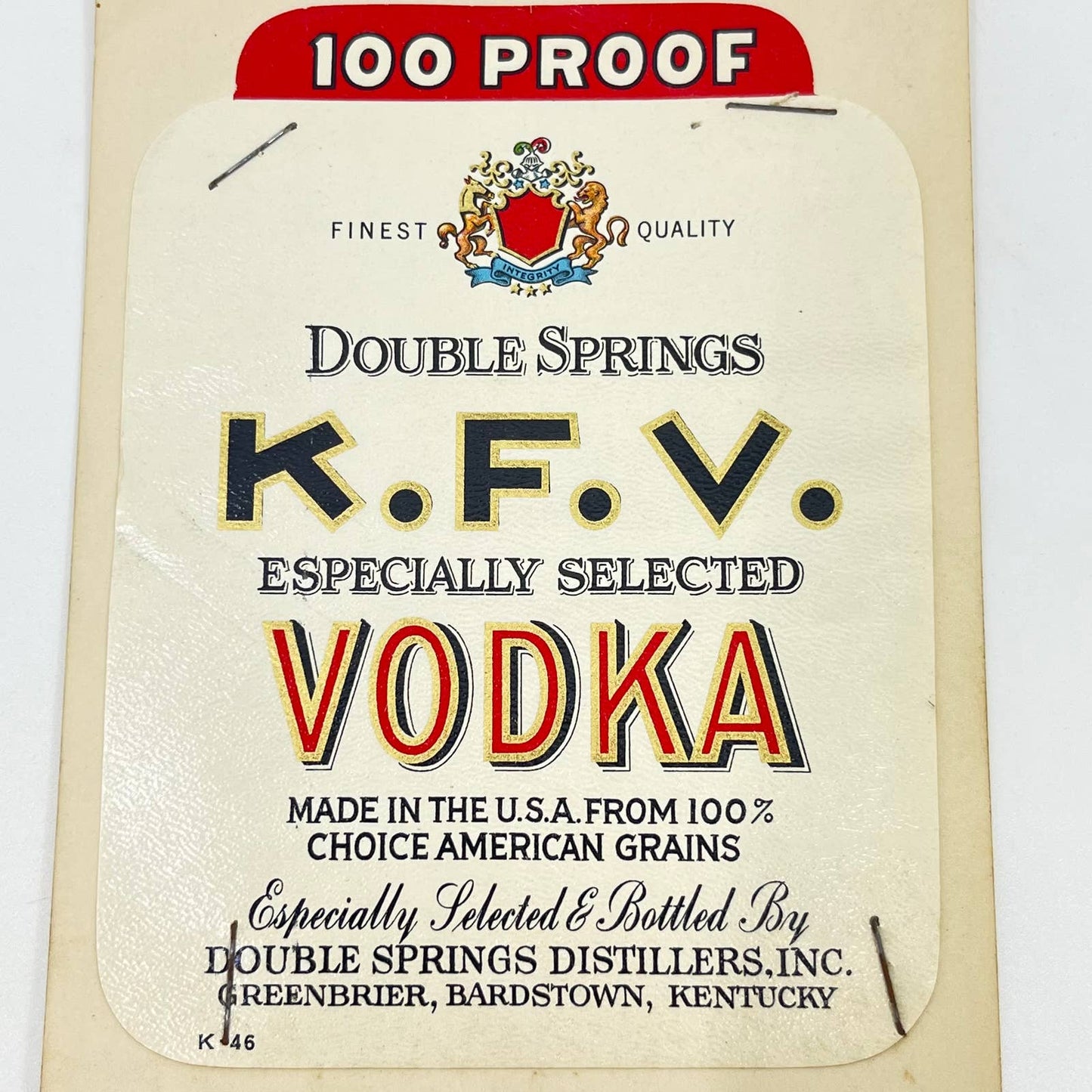 Double Springs KFV Vodka Label Double Springs Distillers Greenbrier KY