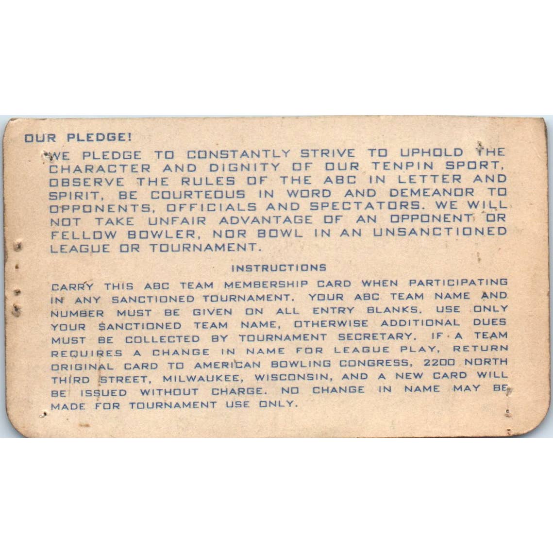 1943 American Bowling Congress Milwaukee Membership Card Delta Mfg Social SE5-31