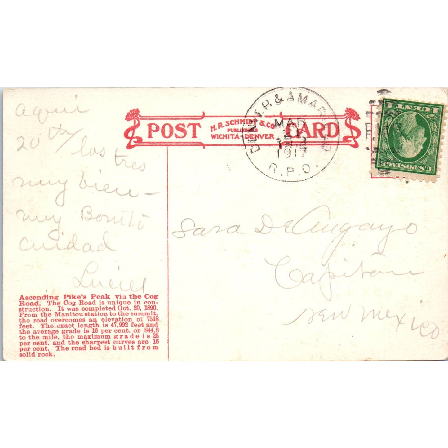 Cog Road Pikes Peak Colorado Springs Colorado 1917 Original Postcard TJ9-P2