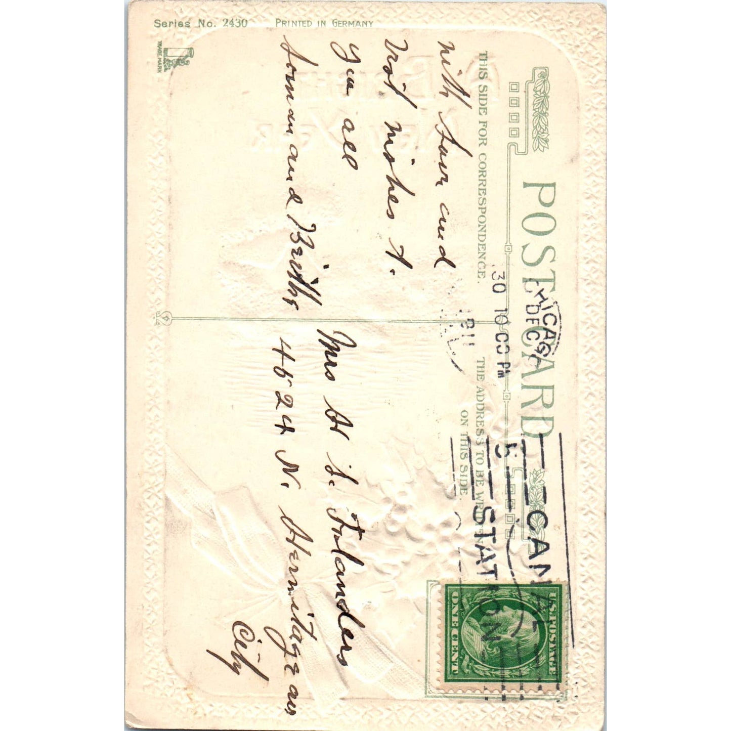 New Years Greeting Embossed Holly Winter Cottage - Original Postcard TJ7-RP3