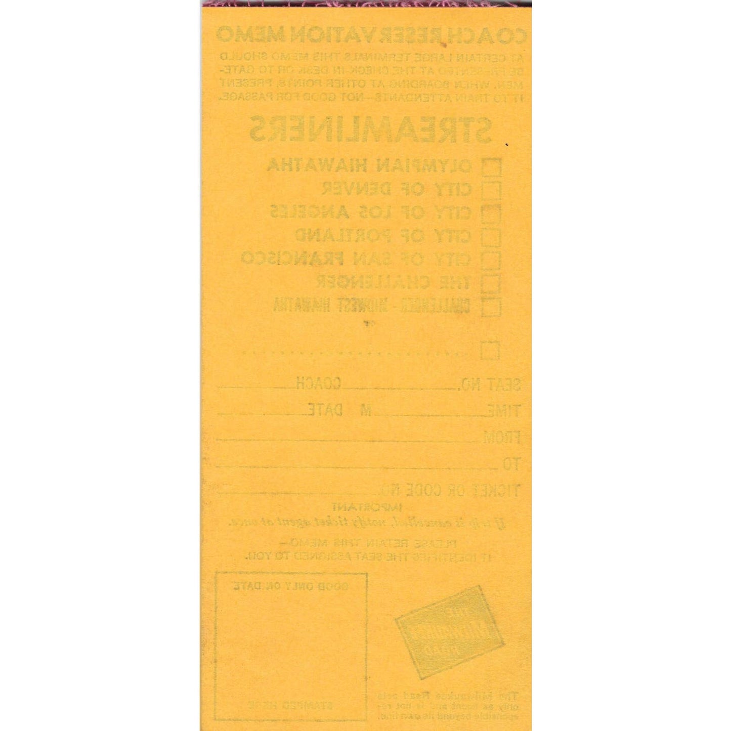 The Milwaukee Road RR Coach Reservation Streamliners Blank Memo Pad TJ7