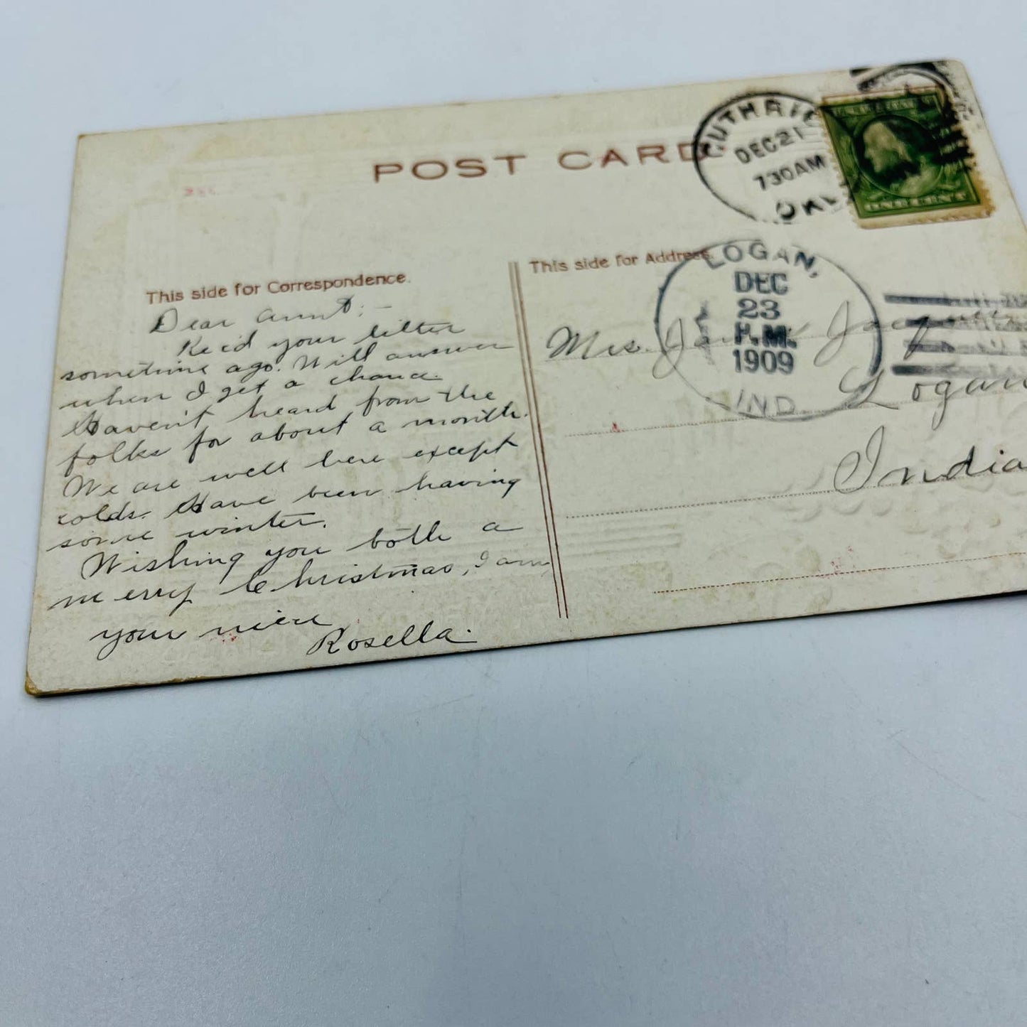 1910s Christmas Post Card Embossed Holly Silver Snow Art Deco Horses Cart PA4