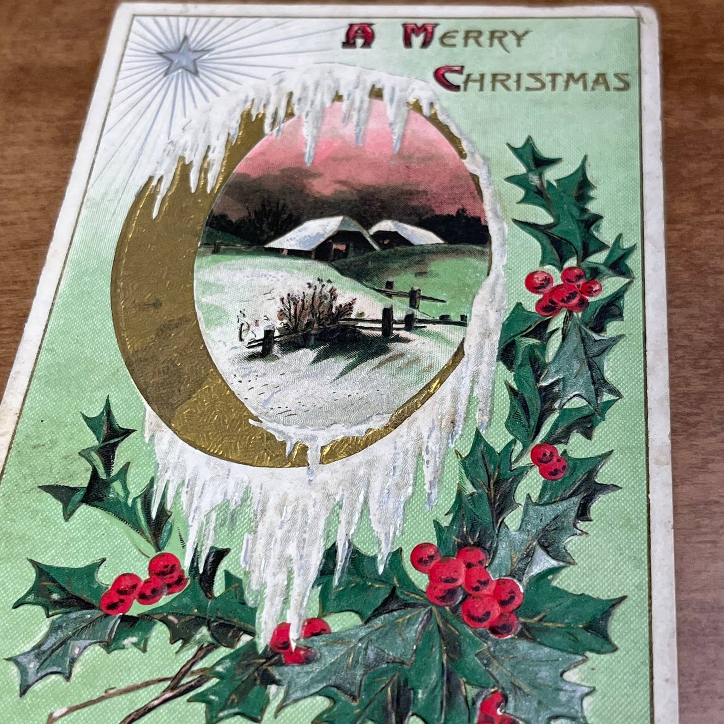 c1910 Embossed Gold Silver Star Holly Country Merry Christmas Postcard PA2