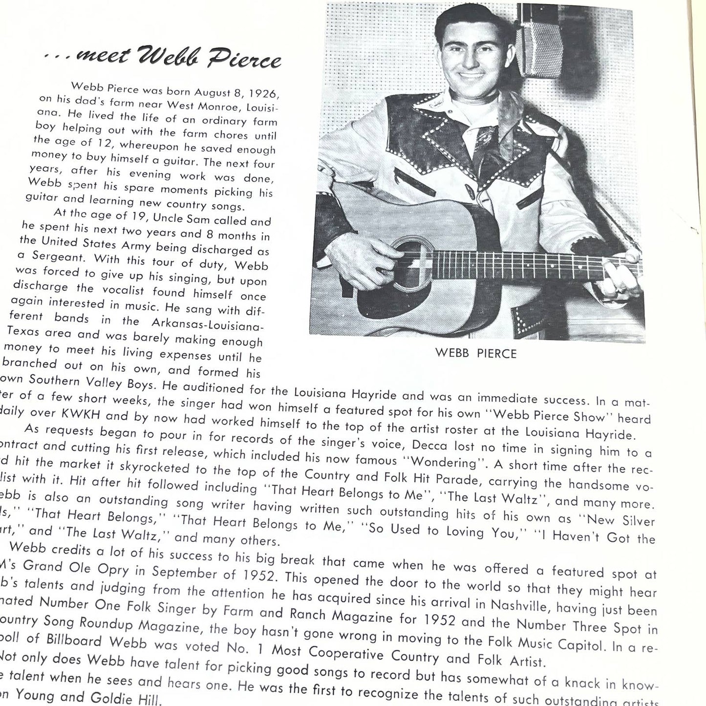 Vintage 1953 Webb Pierce The Wondering Boy Song Book TG4
