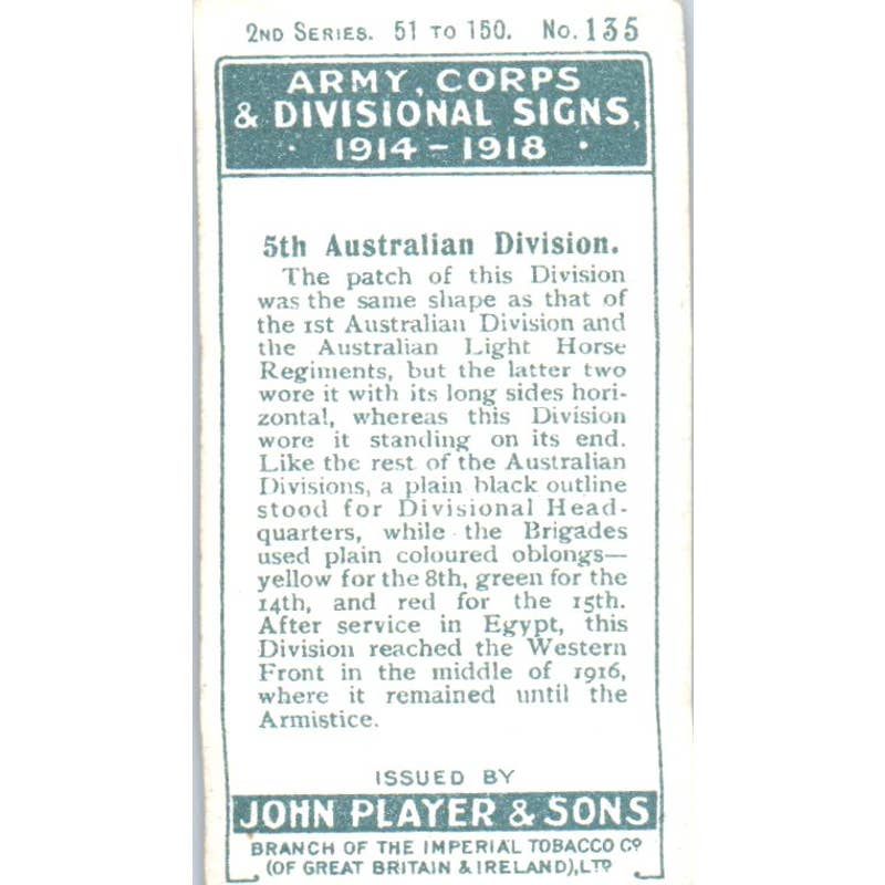 1925 Player's Cigarette Card Army Corps #135 5th Australian Division SE5