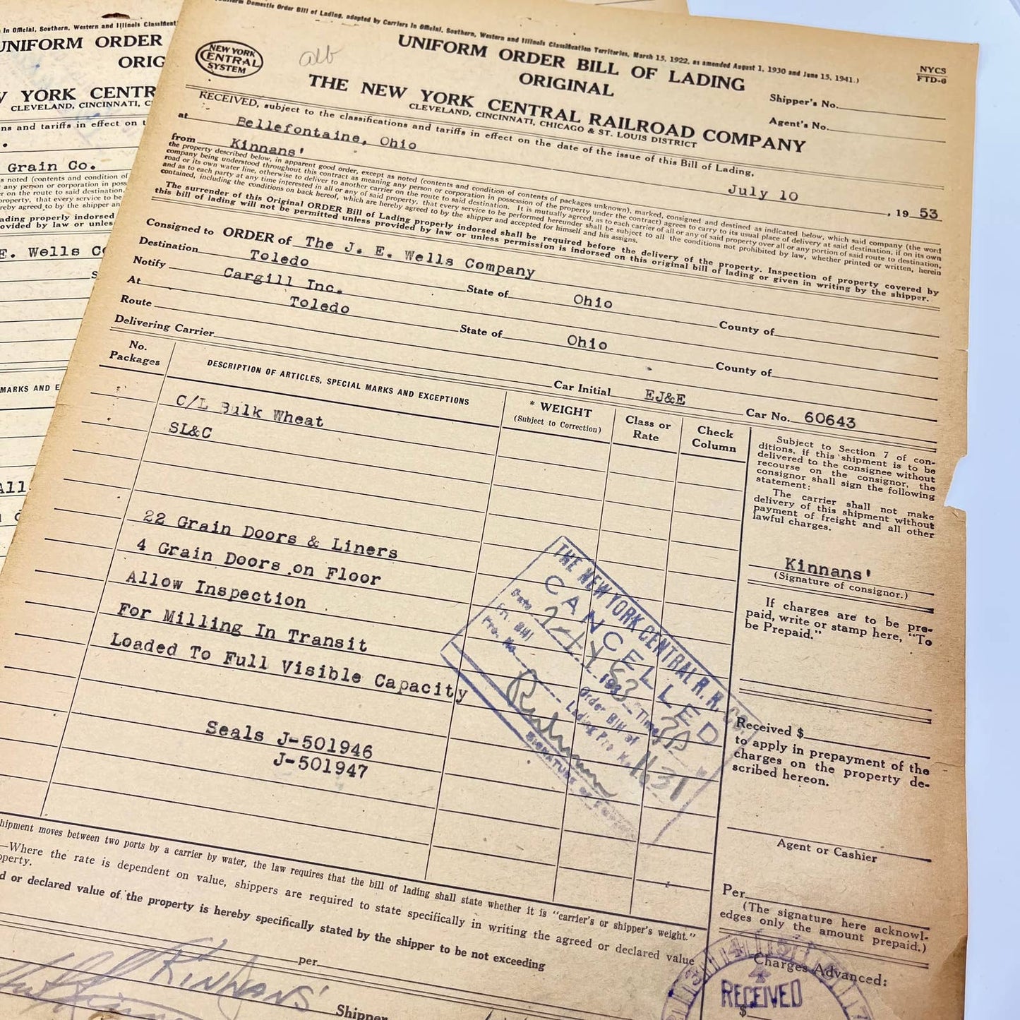 1953 The New York Central Railroad Co RR Original Bill of Lading Lot of 10 AB1-3