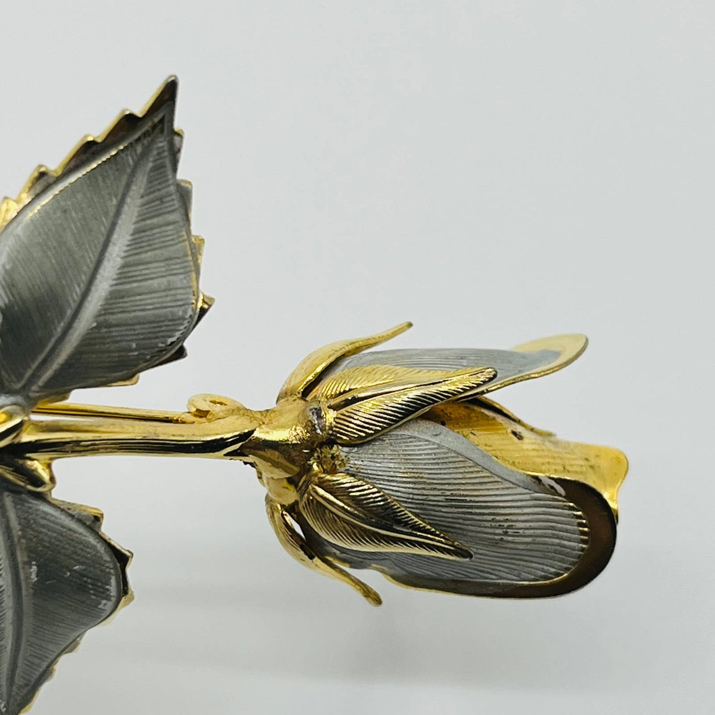 Vintage Long Stem Rose 3D Brooch Gold Tone Enamel Accents SA6