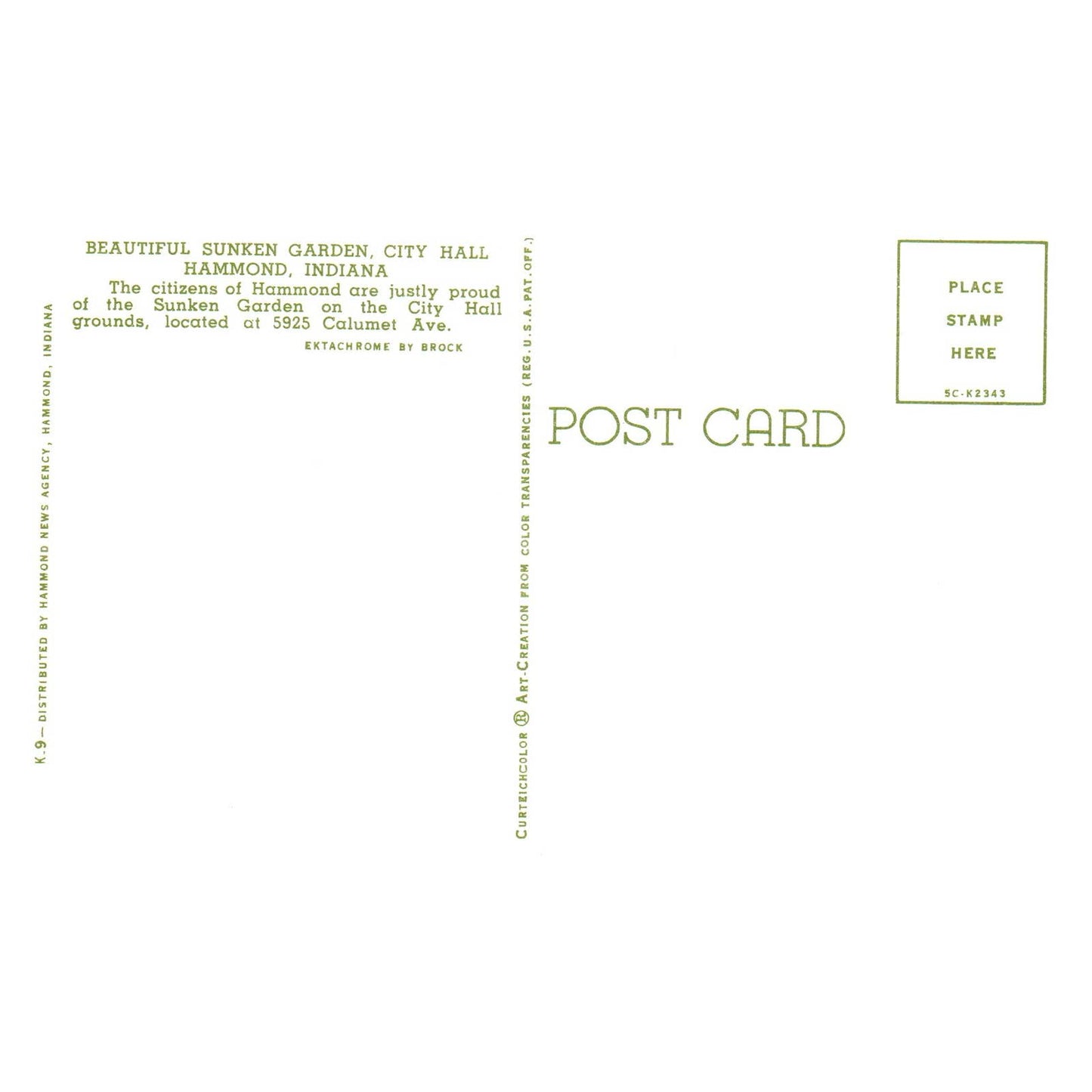 Vintage Postcard - Sunken Garden, City Hall - Hammond Indiana AD9
