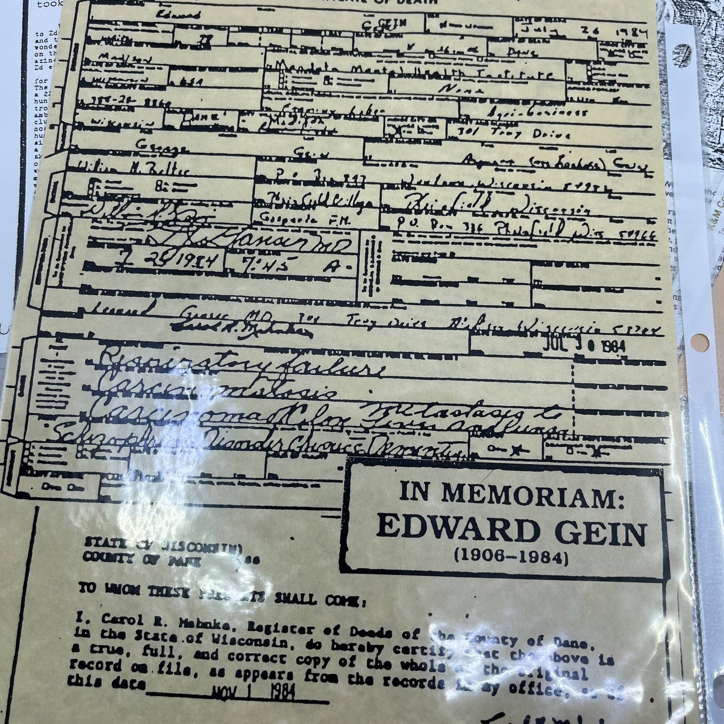Vintage Ed Gein Fan Club Ephemera Collection FL5