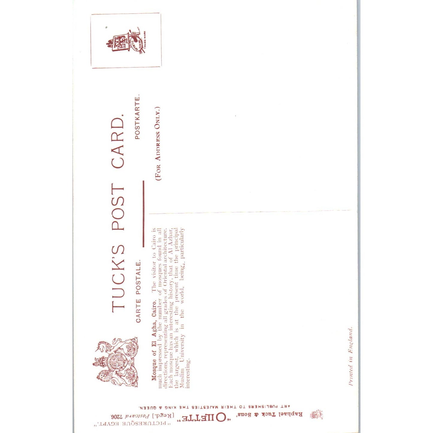 Egypt Cairo Mosque of El Agha Raphael Tuck Oilette Original Postcard TK1-P14