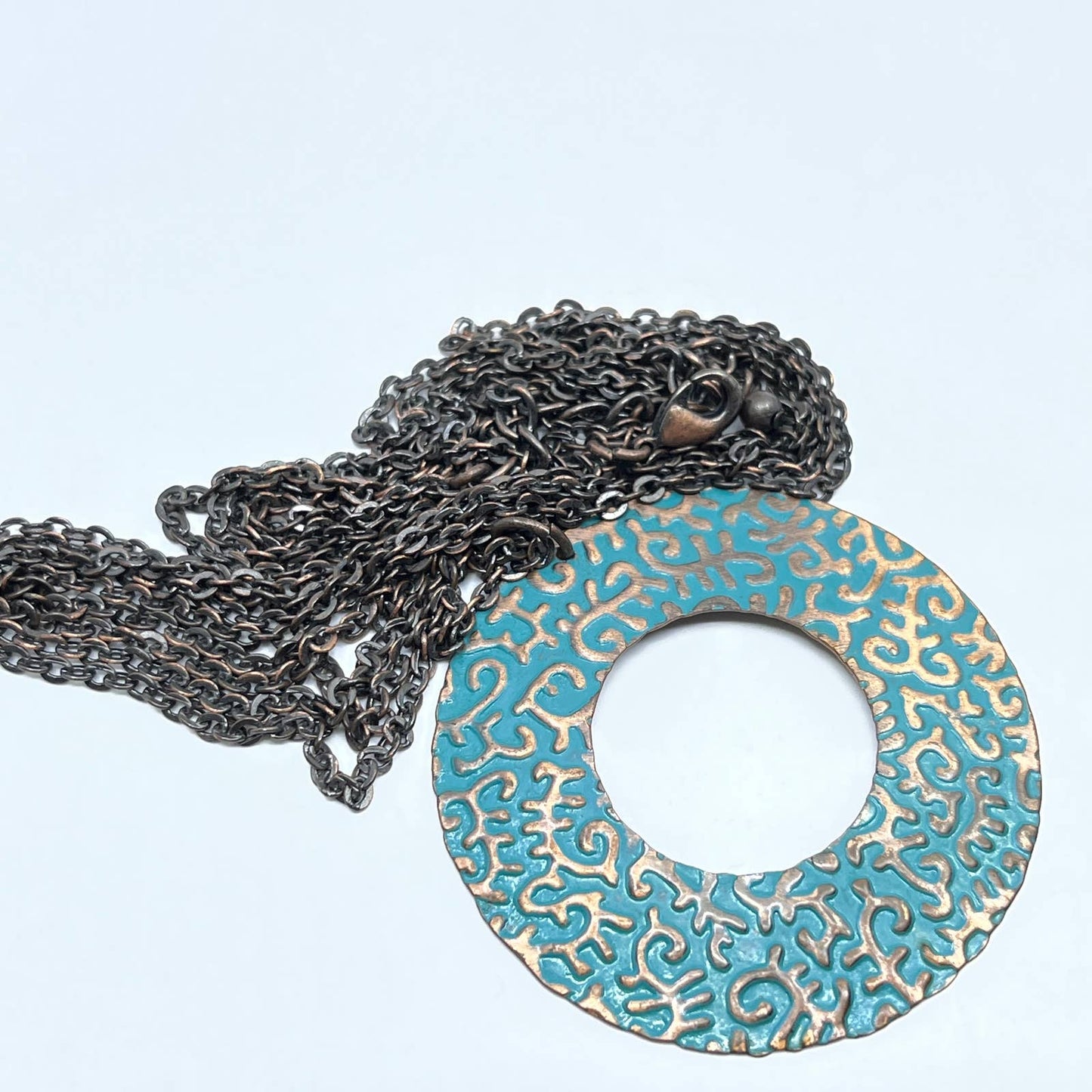 Vintage Boho Hammered Copper Turquoise Disc Extra Long Necklace 32" SD5