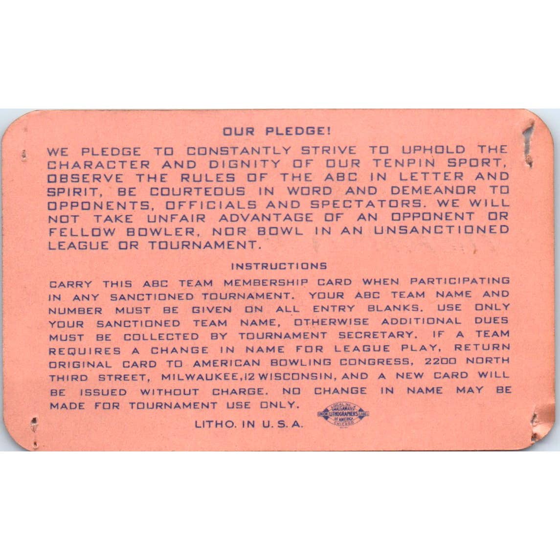 1948 American Bowling Congress Milwaukee Membership Card Eagles 750 SE5-10