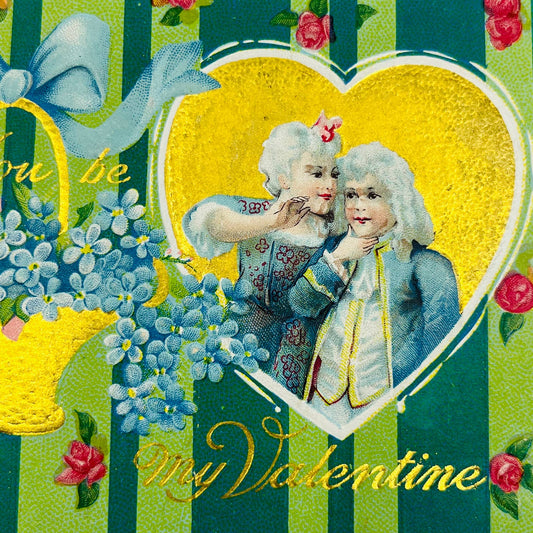 1910 Valentine’s Post Card Embossed Colonial Roses Blue Flowers Dresden Nash PA3