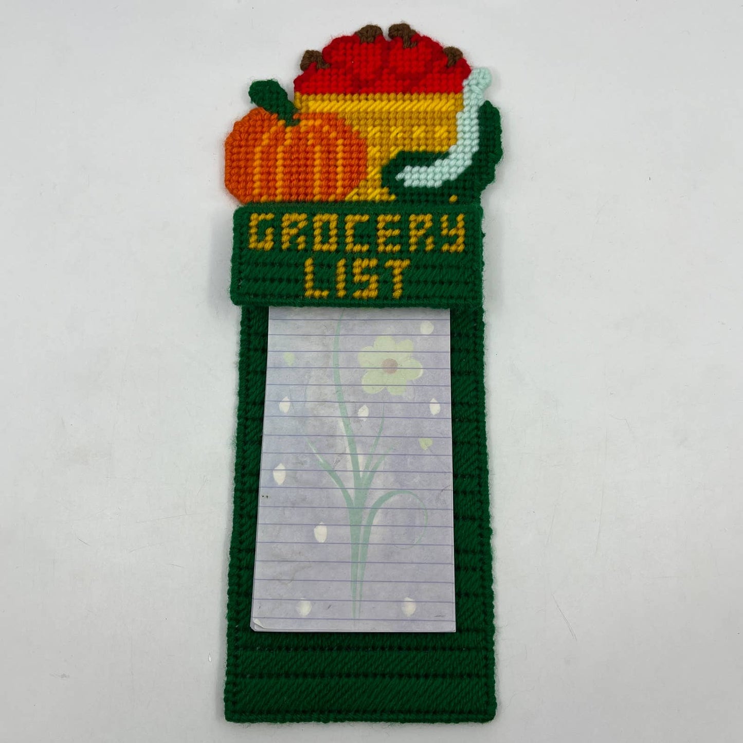 Retro Kitsch Cross Stitch Canvas Grocery List Holder Magnet Autumn Pumpkin TC3