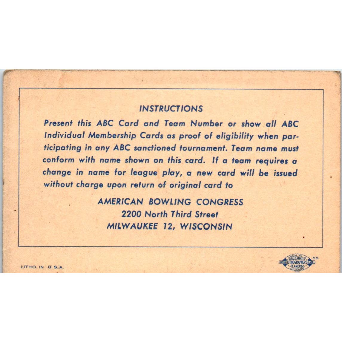 1952 American Bowling Congress Milwaukee Membership Card National Lodge 141 SE5-47