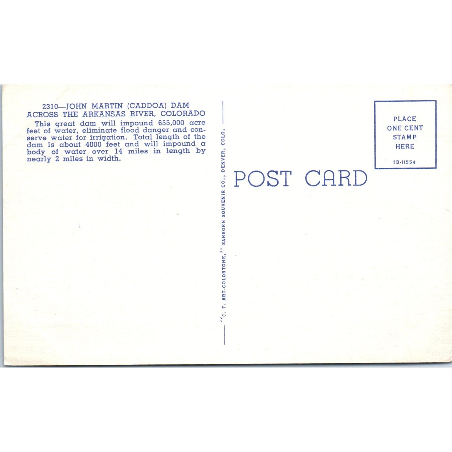 John Martin Caddoa Dam Arkansas River Colorado Original Postcard P1-11