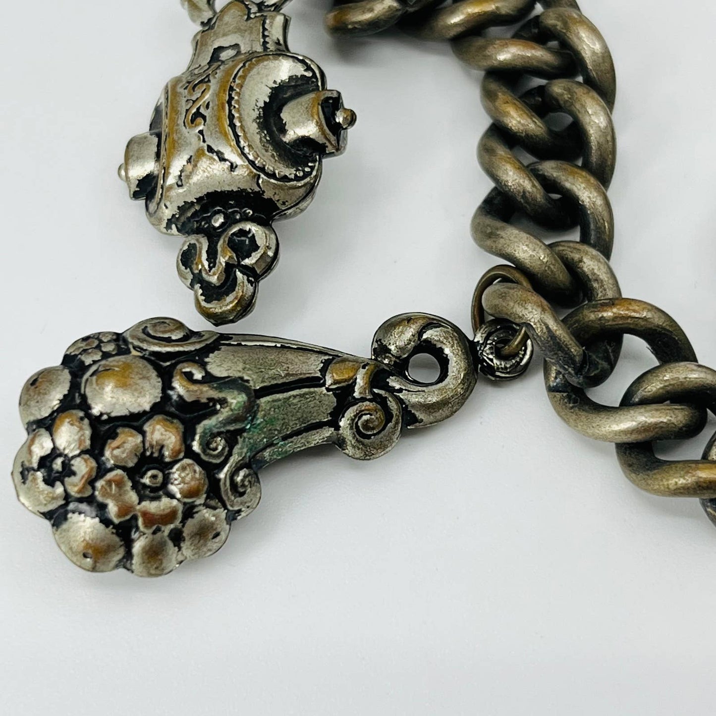Vintage Asian Charm Bracelet Chain Link House Bouquet Scroll 7” SB2