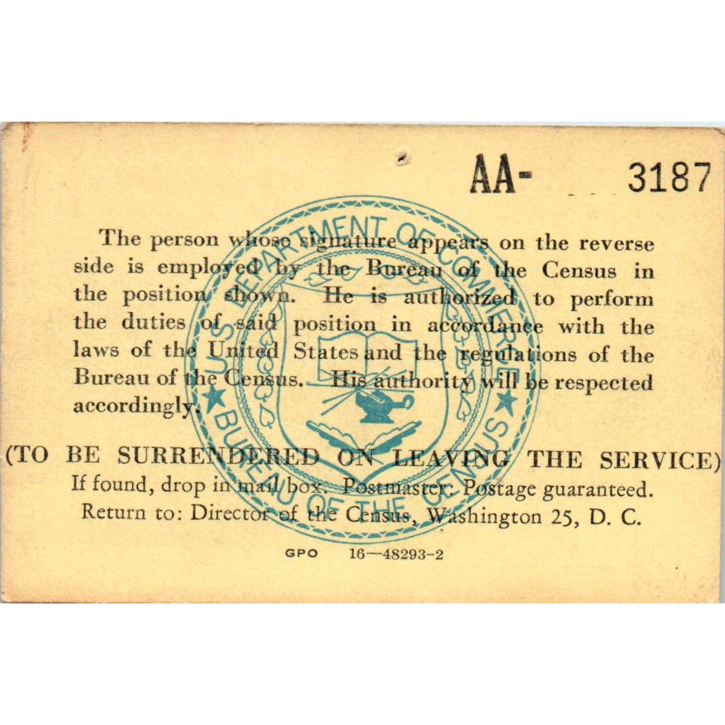 1950 US Department of Commerce Census Enumerator Identification Card SE5