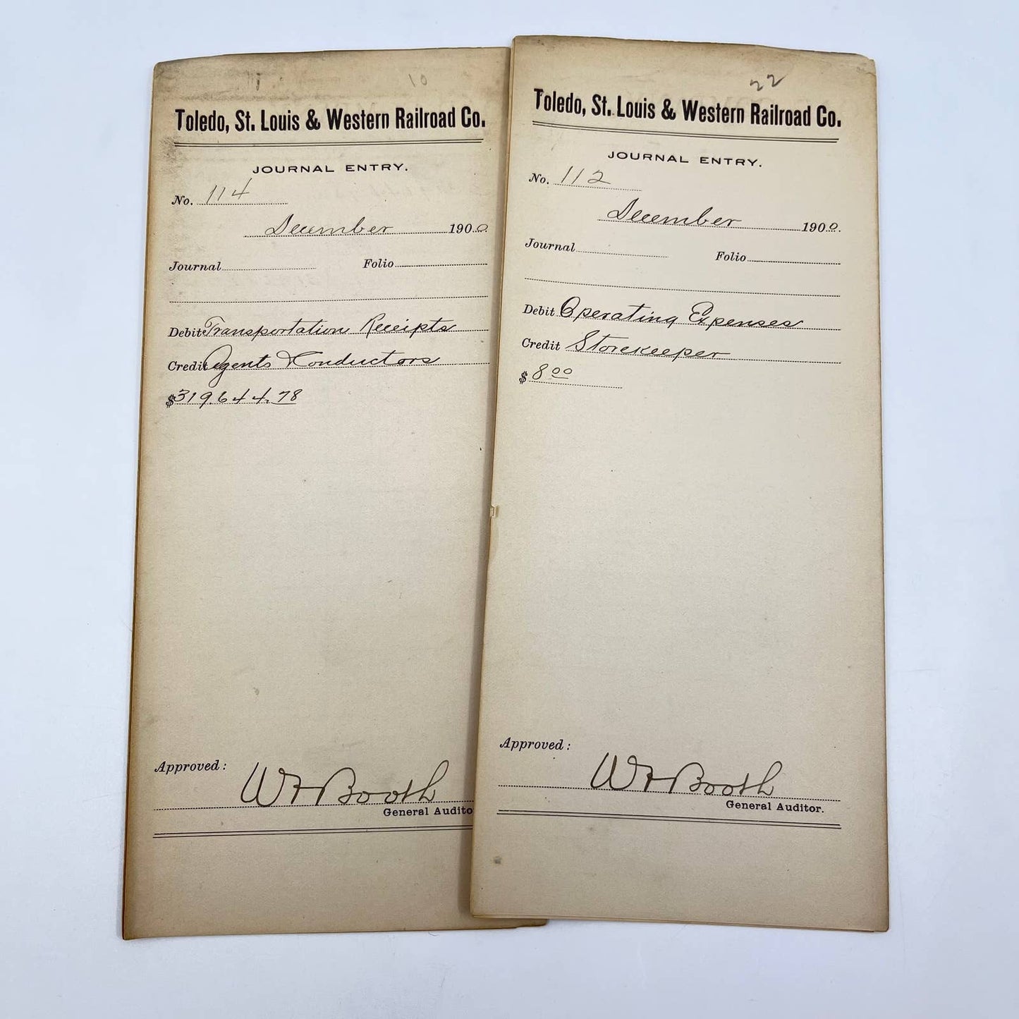 1900 Toledo, St. Louis & Western Railroad Company Journal Entry Lot of 2 AB2-1
