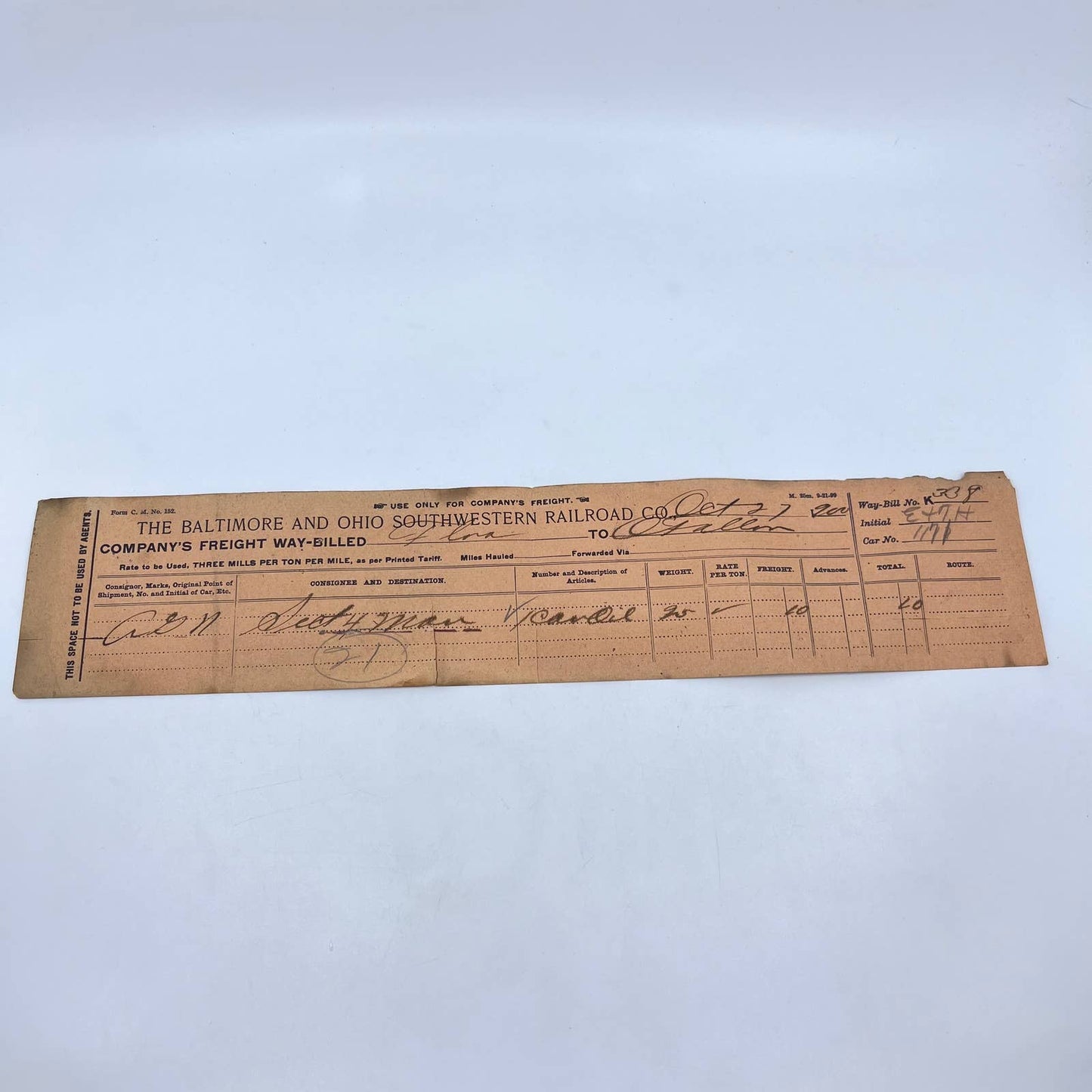 1900 B&O Southwestern Railroad RR Train Company Freight Way-Bill AB2