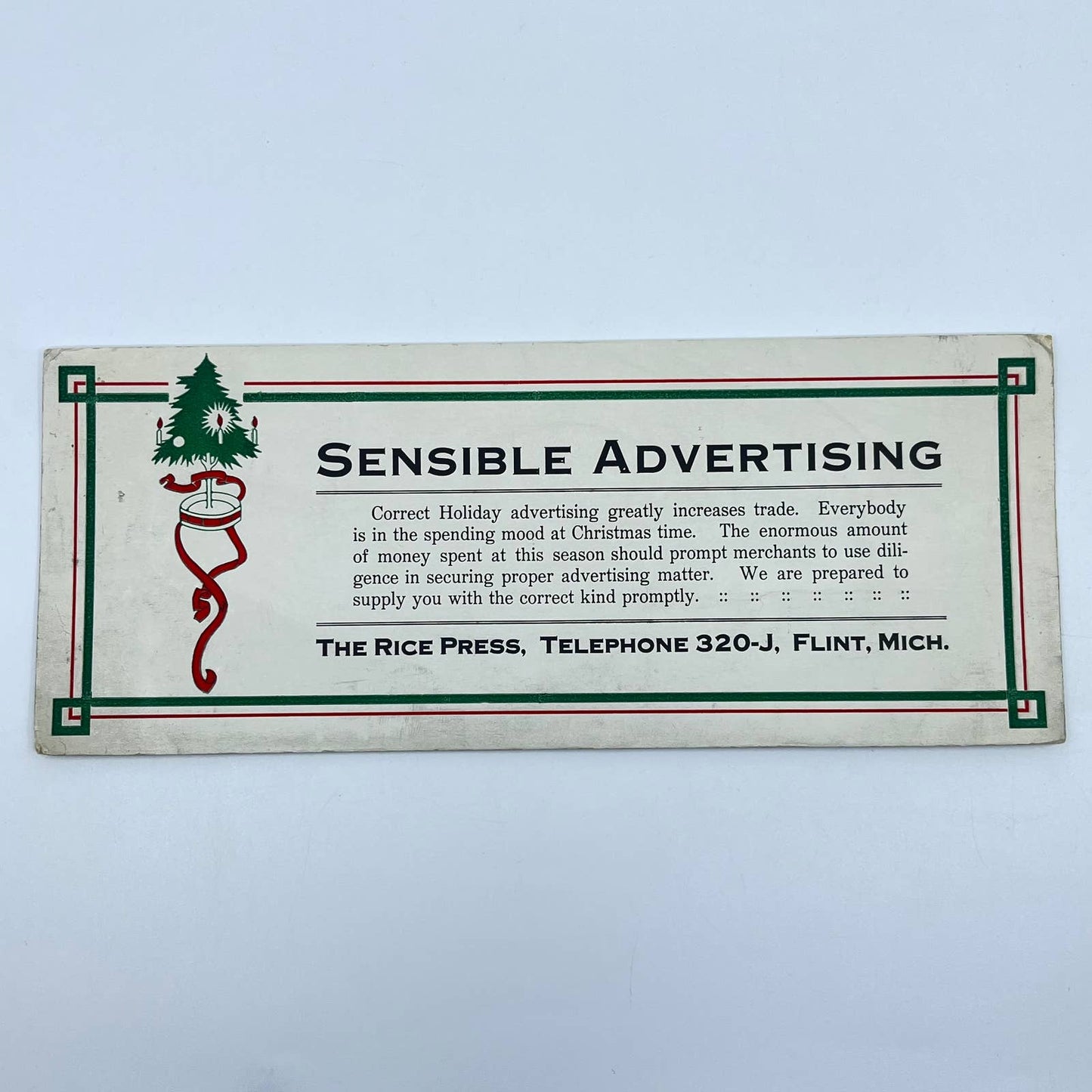 1910s Blotter Card The Rice Press Christmas Tree Flint MI SC8