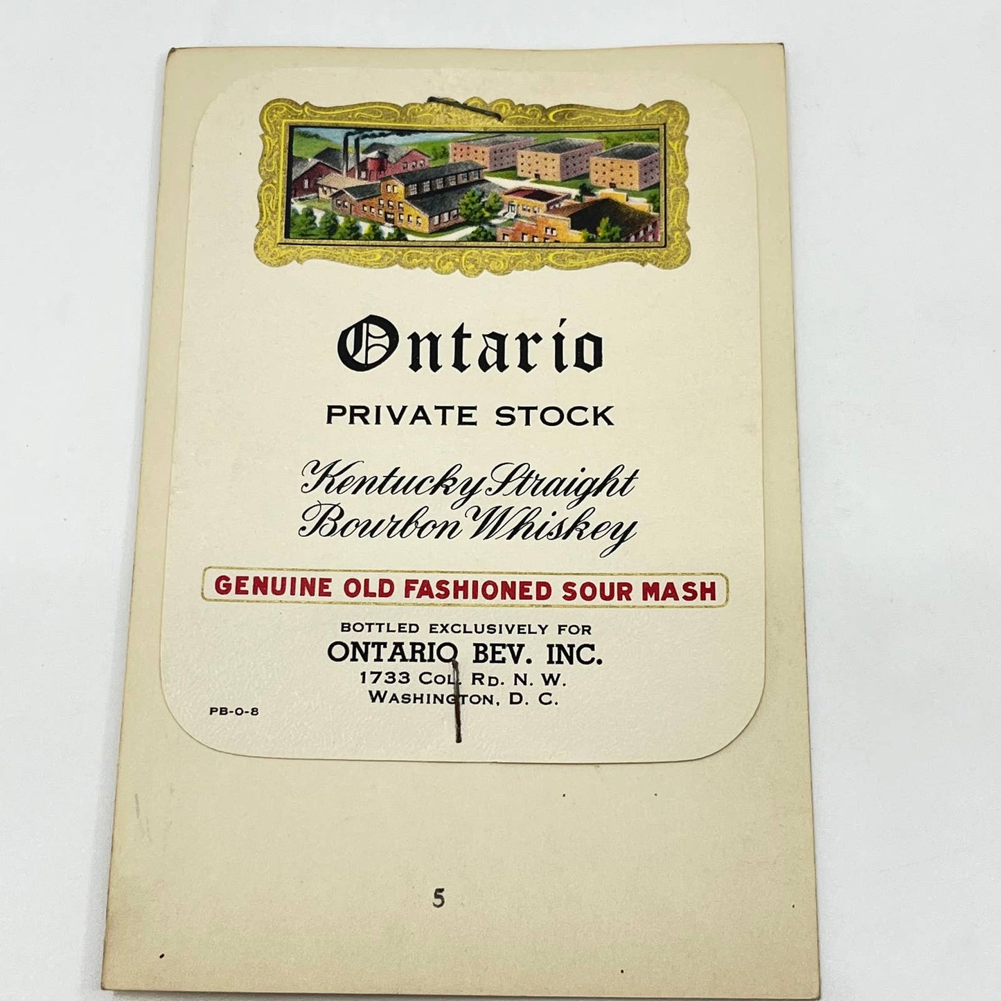 Ontario Kentucky Bourbon Whiskey Label Ontario Bev. Inc. Washington D.C.