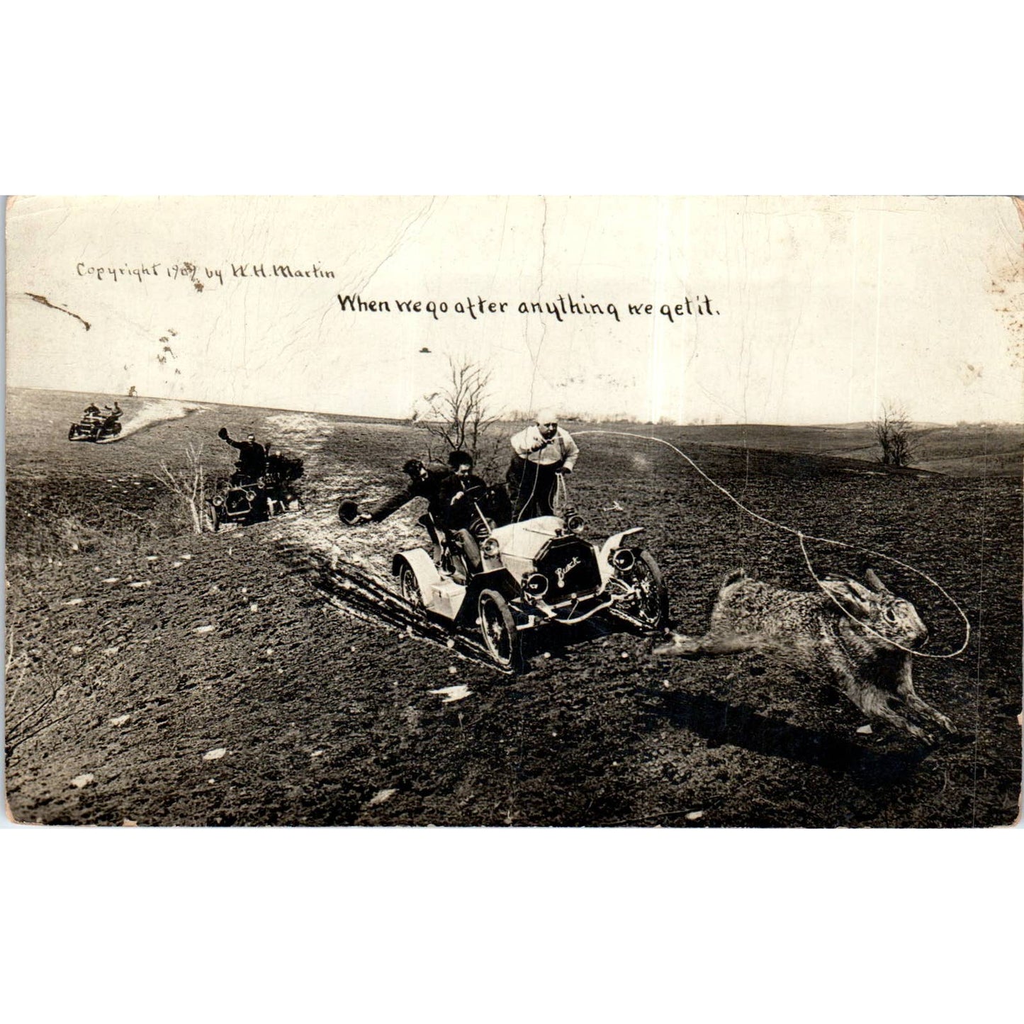 Buick Car Chasing Giant Jack Rabbit 1909 RPPC Original Postcard TK1-P12