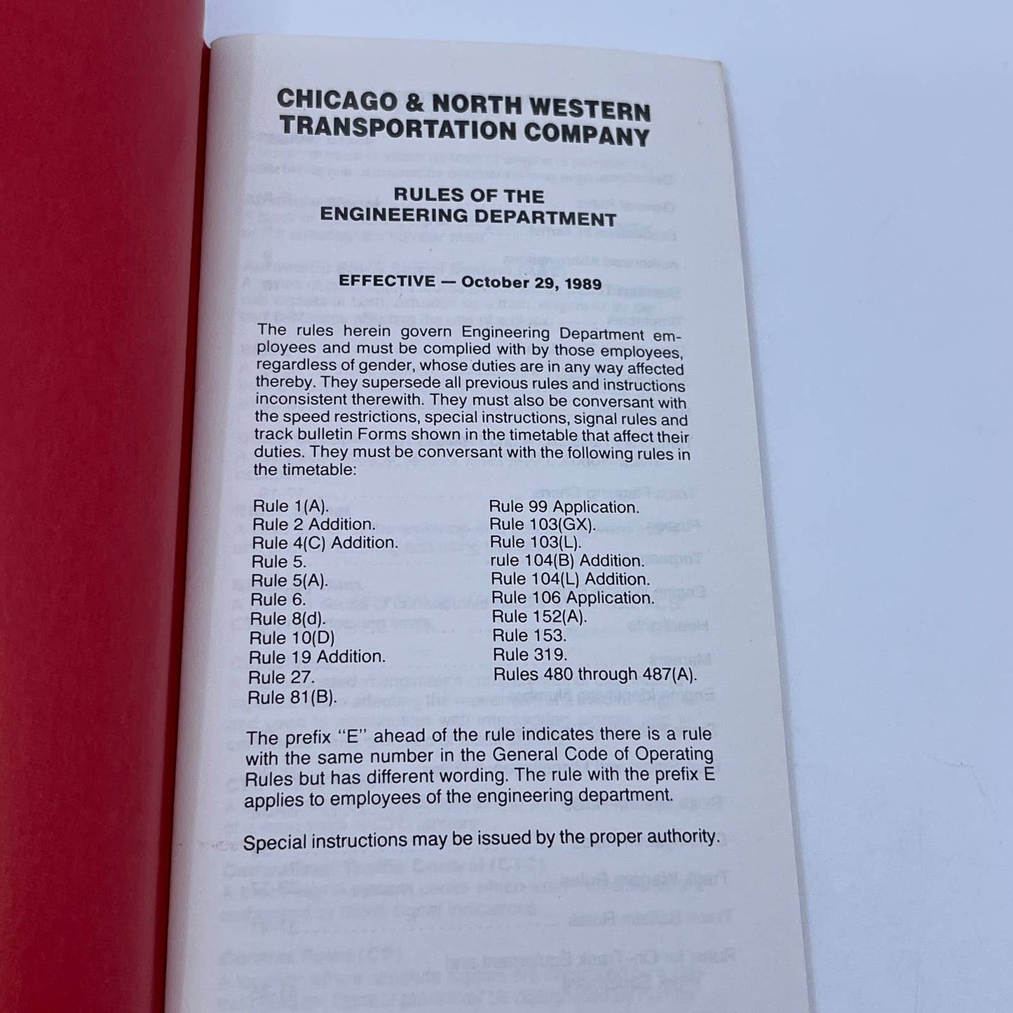 1989 Chicago & Northwestern Railroad Rules of the Engineering Department TG6