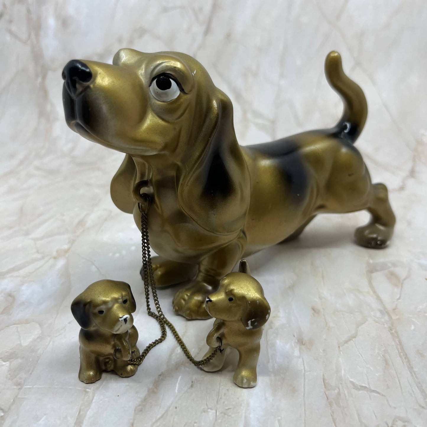 Gold Tone Dachshund Bassett Hound Dog Figurine Puppies Chain Porcelain Japan TK2