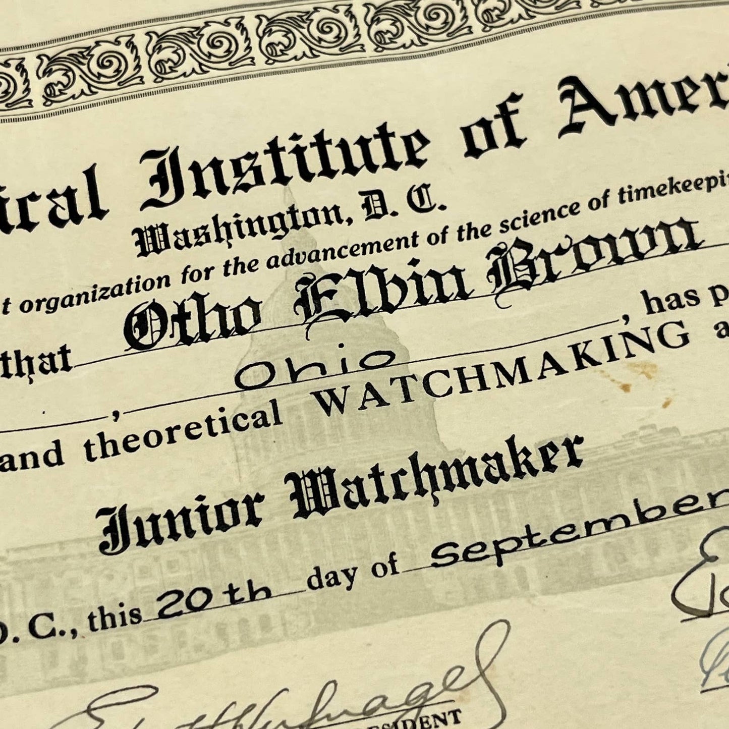 1926 Horological Society Junior Watchmaker Certificate Otho Albin Brown FL3