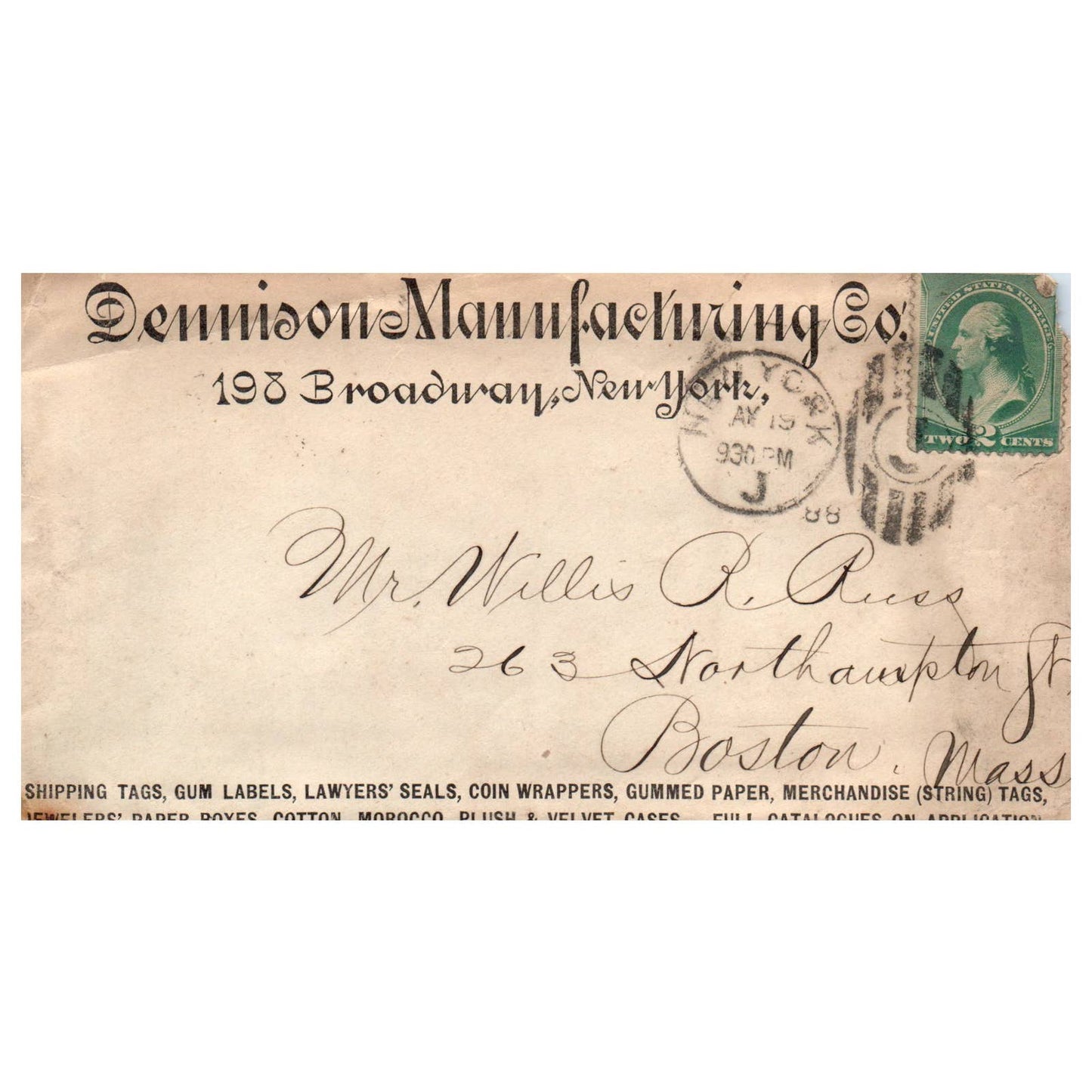 1888 Dennison Manufacturing Co. Letterhead & Envelope Henry B Dennison NY SE4