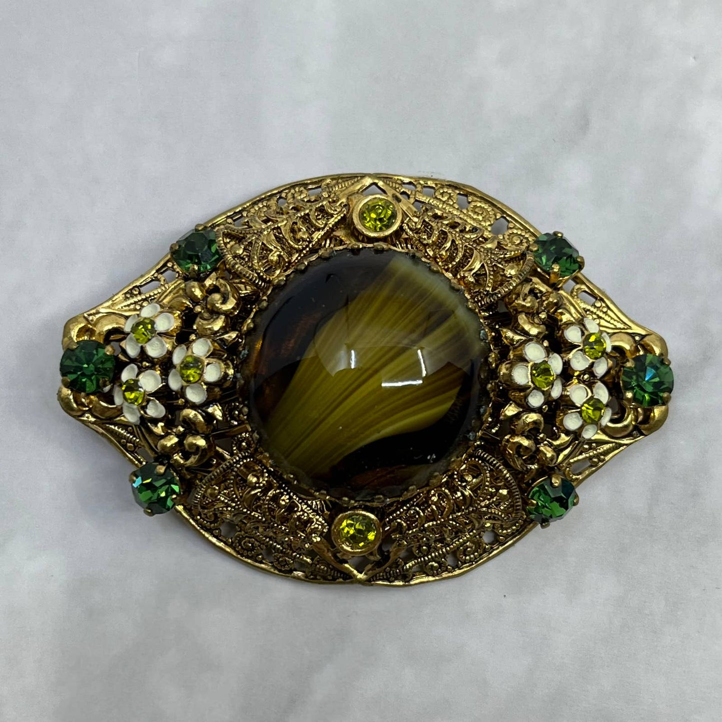 1960s Tiger Eye Porphyry Glass Green Rhinestone Daisy Filigree Brooch Pin SE6