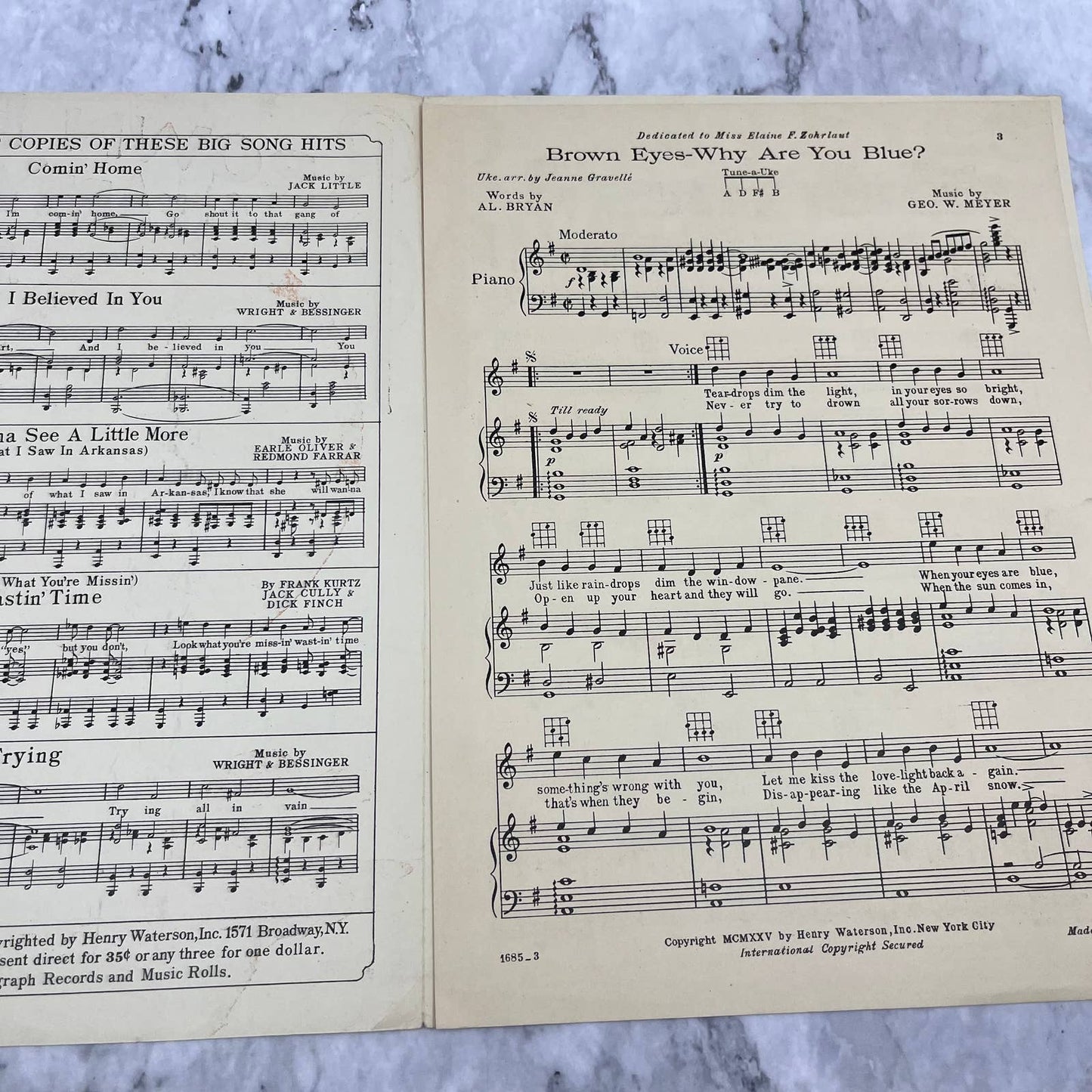 1925 Brown Eyes Why Are You Blue George W Meyer Alfred Bryan Sheet Music TI1